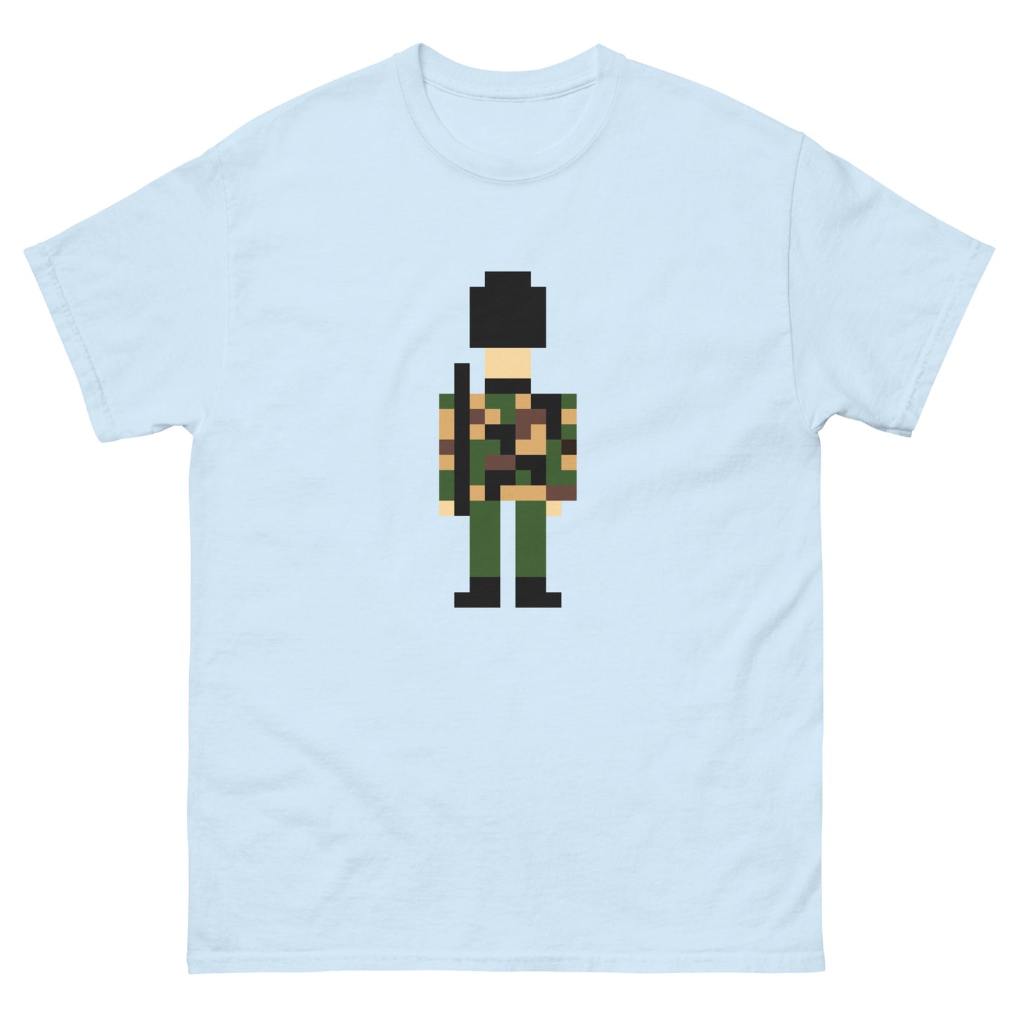 Pixel Art Military Soldier T-Shirt – Retro Camouflage Army Graphic Tee Light Blue t-shirt