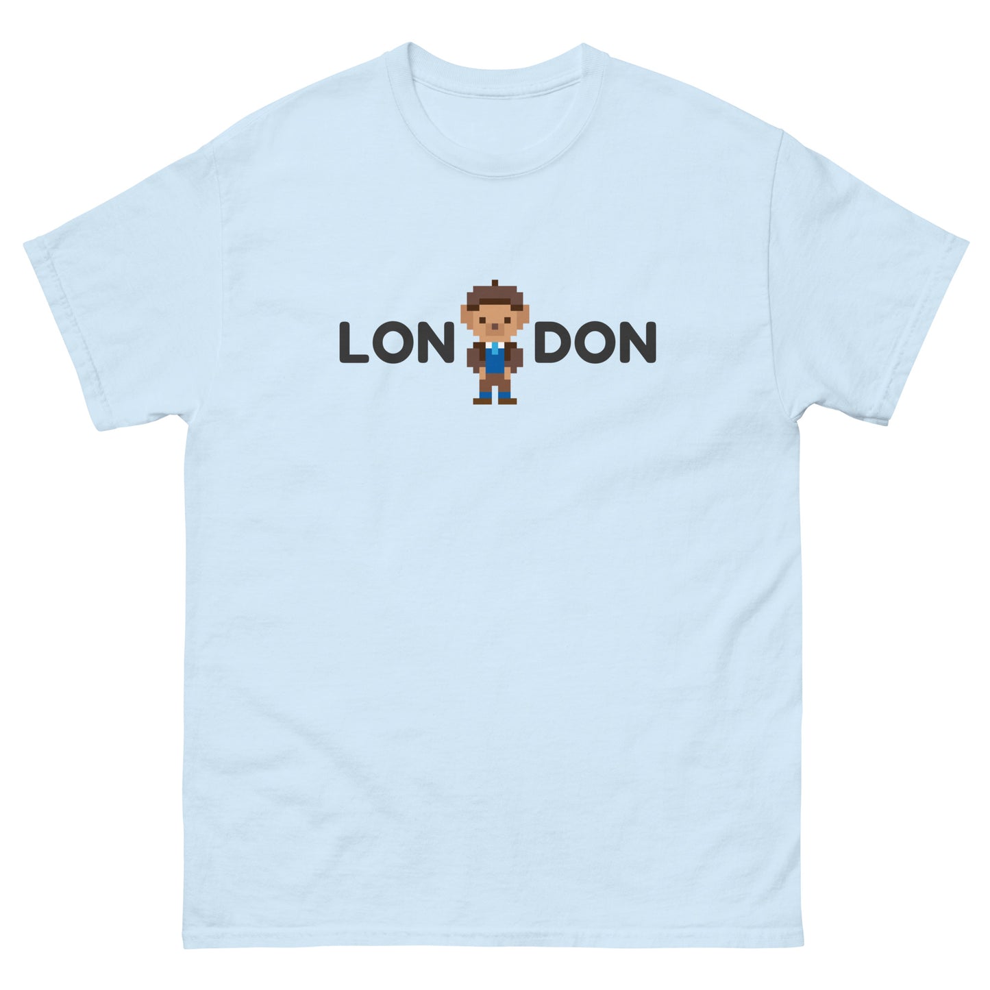 A stylish classic t-shirt featuring a smart teddy bear integrated within the word “London.” Perfect for UK tourists, London lovers, and British culture fans. A great souvenir or gift for travelers, teddy bear collectors, and city explorers.