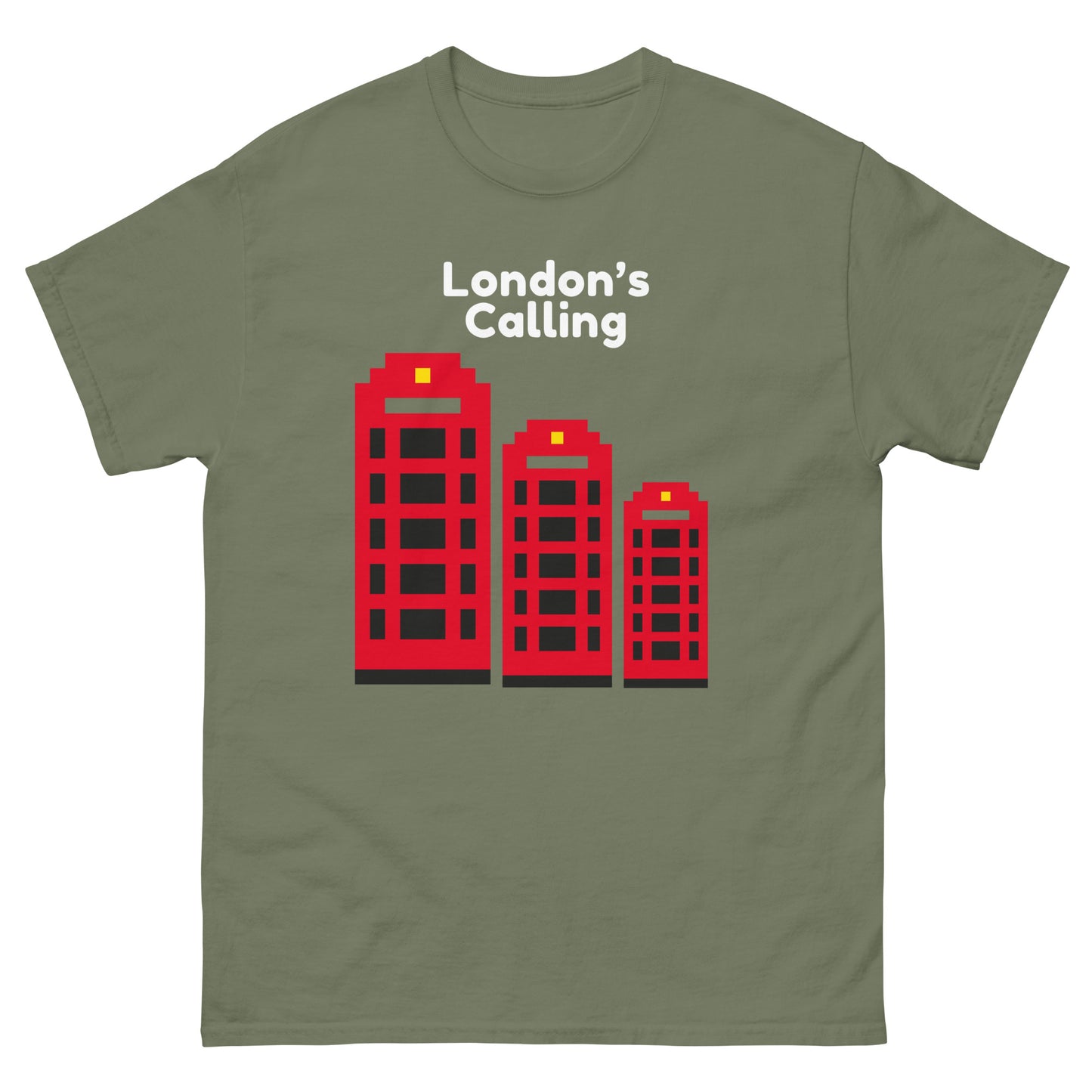 A stylish pixelated design t-shirt featuring London’s iconic red telephone boxes with the phrase “London’s Calling.” Perfect for UK tourists, British culture enthusiasts, and lovers of retro city aesthetics. A great London souvenir or gift for travelers.