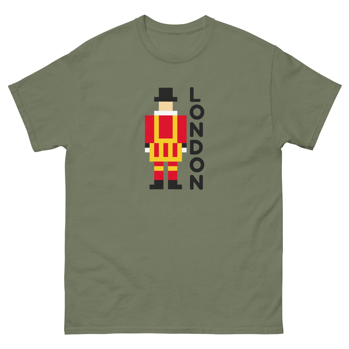 A unique pixel art t-shirt featuring the iconic London Beefeater, a symbol of the Tower of London’s Royal Guard. Perfect for UK tourists, British history enthusiasts, and London souvenir collectors. A great travel gift for fans of British heritage.