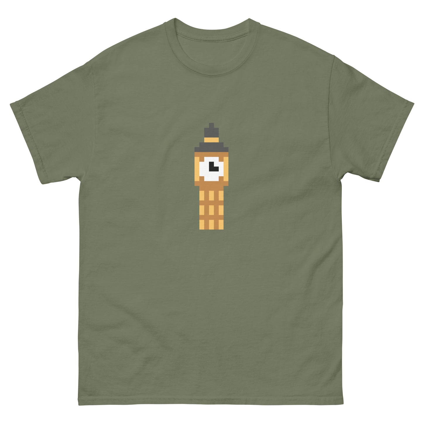 Big Ben Pixel Art T-Shirt – London Elizabeth Tower Graphic Tee for UK Fans & Tourists Military Green t-shirt