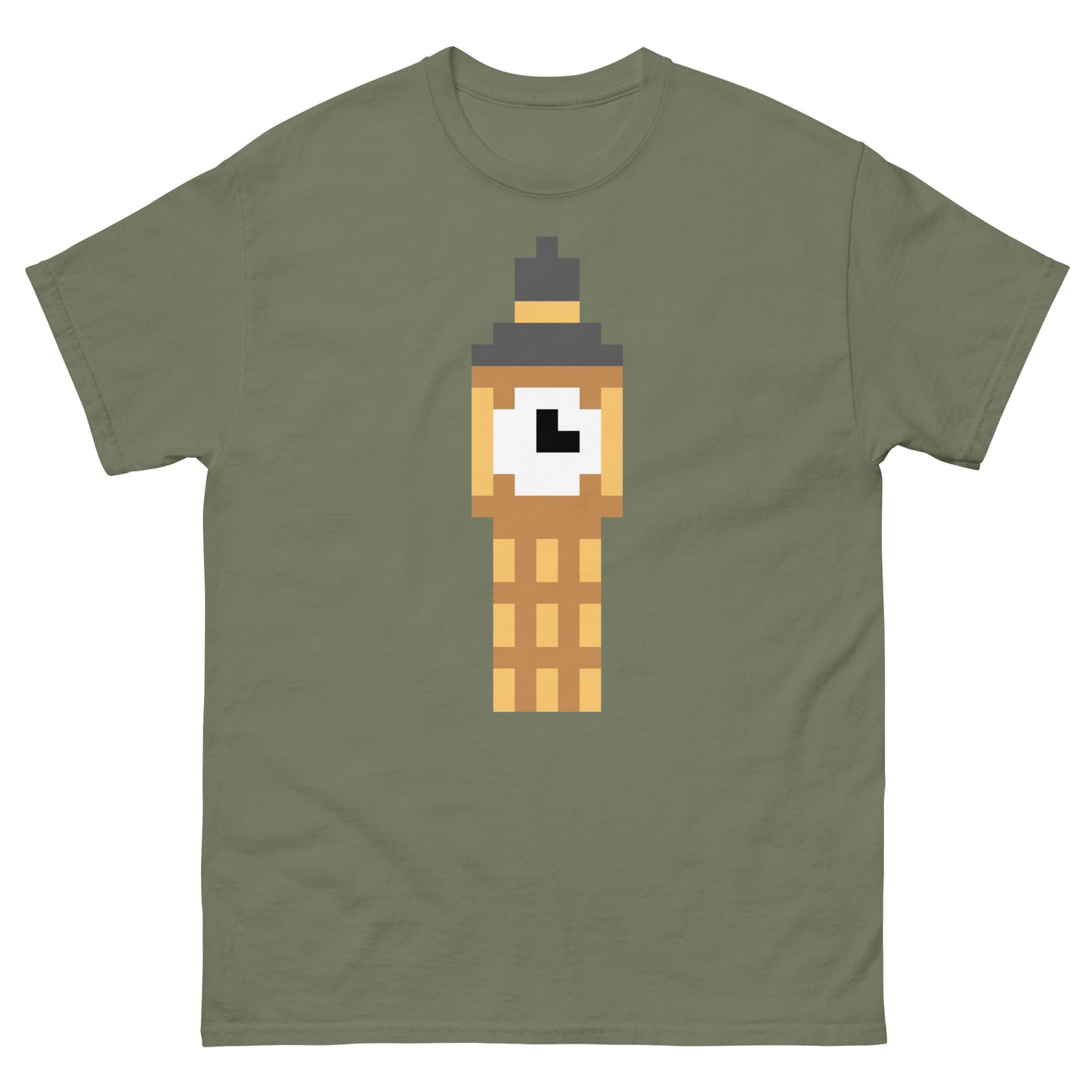 Pixel art design of Big Ben clock tower on a sport grey background, London-themed graphic ideal for tourists, UK fans, or travel lovers