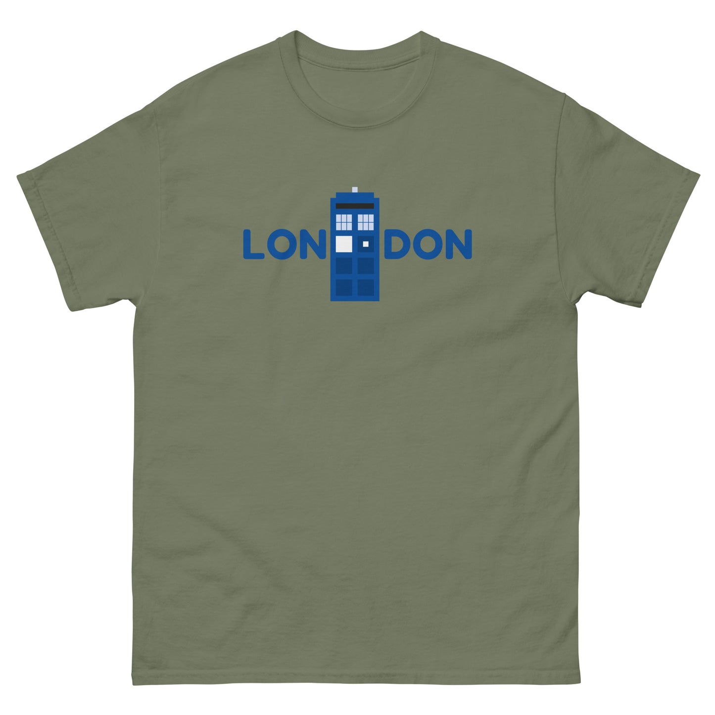 Retro London Blue Police Box T-Shirt – Vintage British Icon Tee for Sci-Fi Fans Military Green t-shirt