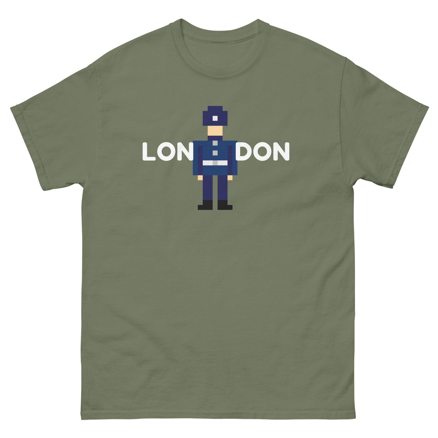 London in white text split in the middle with a retro pixelated police officer