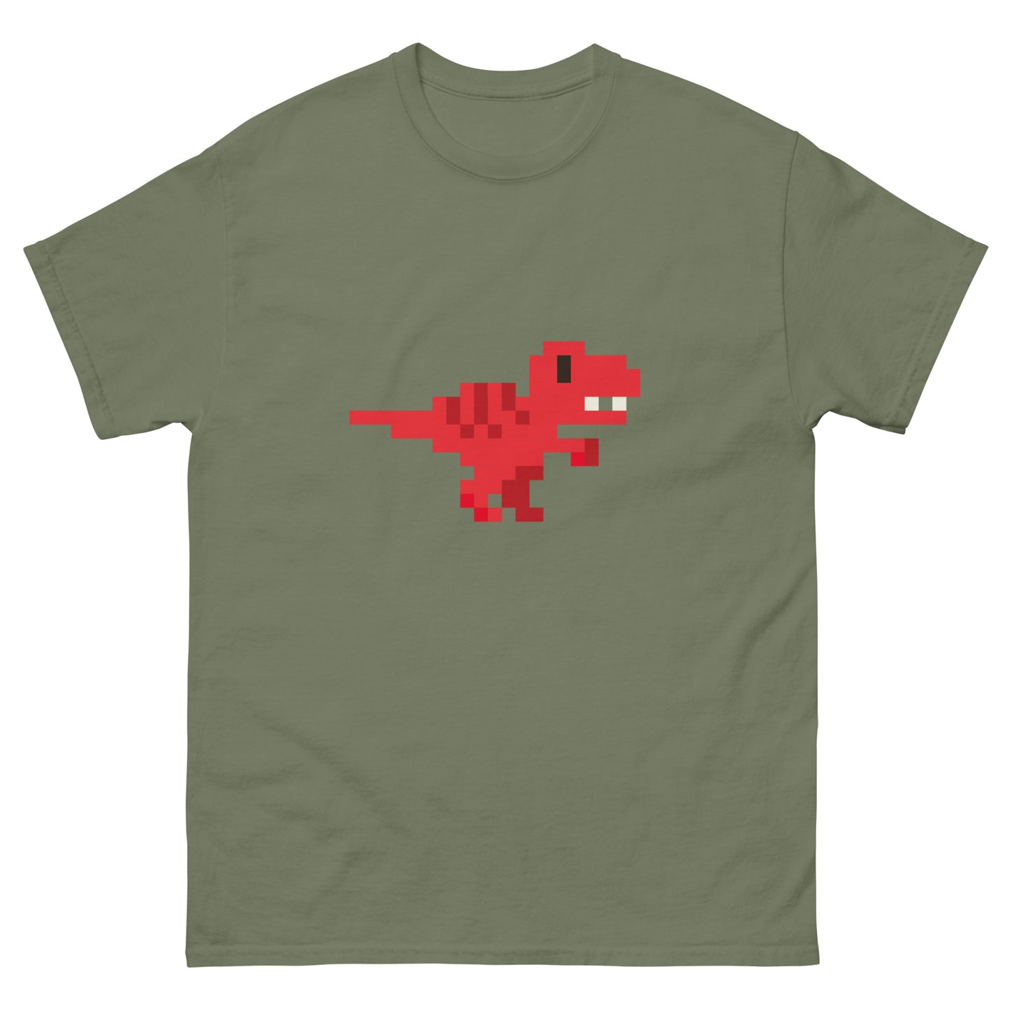 Red Pixel Dinosaur T-Shirt – Retro 8-Bit Prehistoric Gaming Graphic Tee Military Green t-shirt