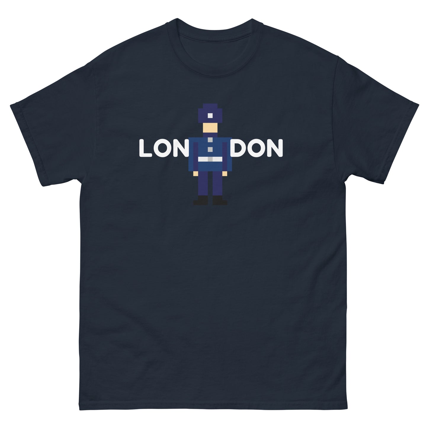 London in white text split in the middle with a retro pixelated police officer