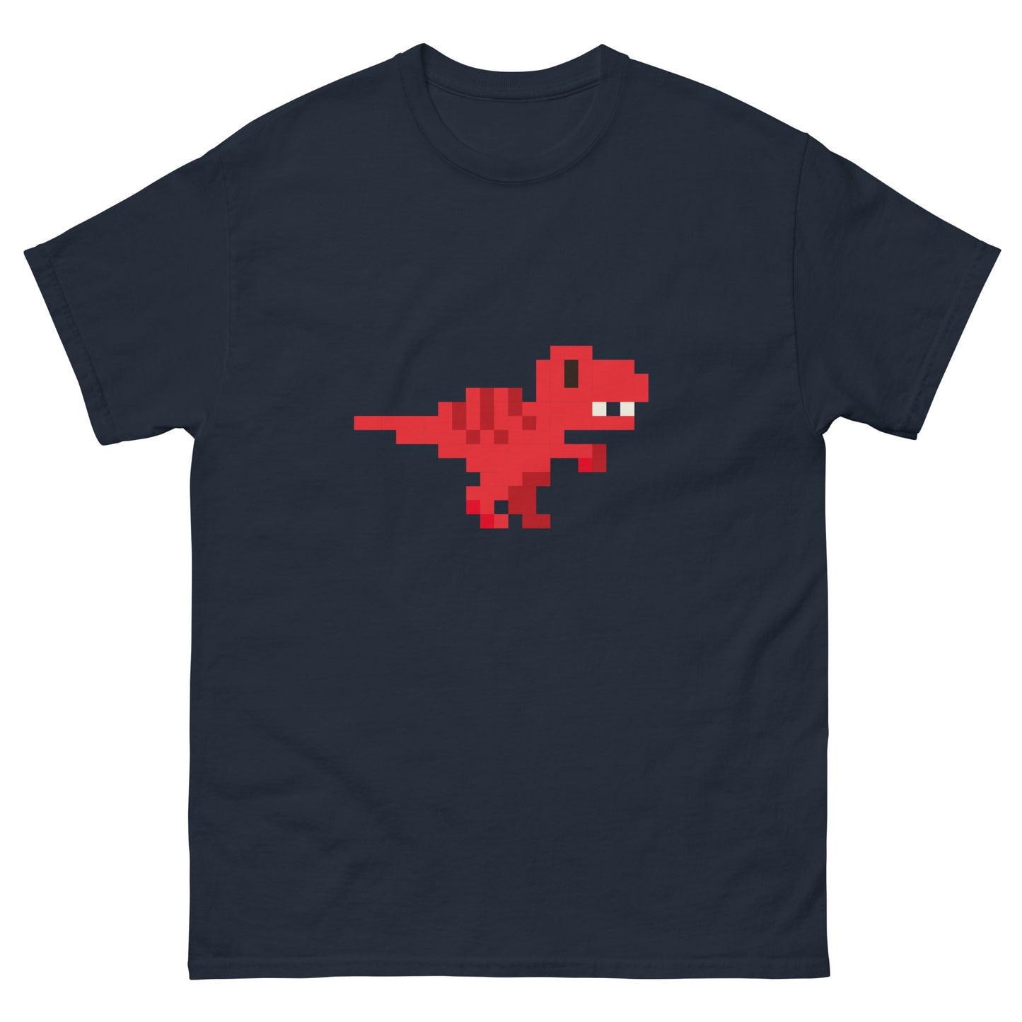 Red Pixel Dinosaur T-Shirt – Retro 8-Bit Prehistoric Gaming Graphic Tee Navy t-shirt