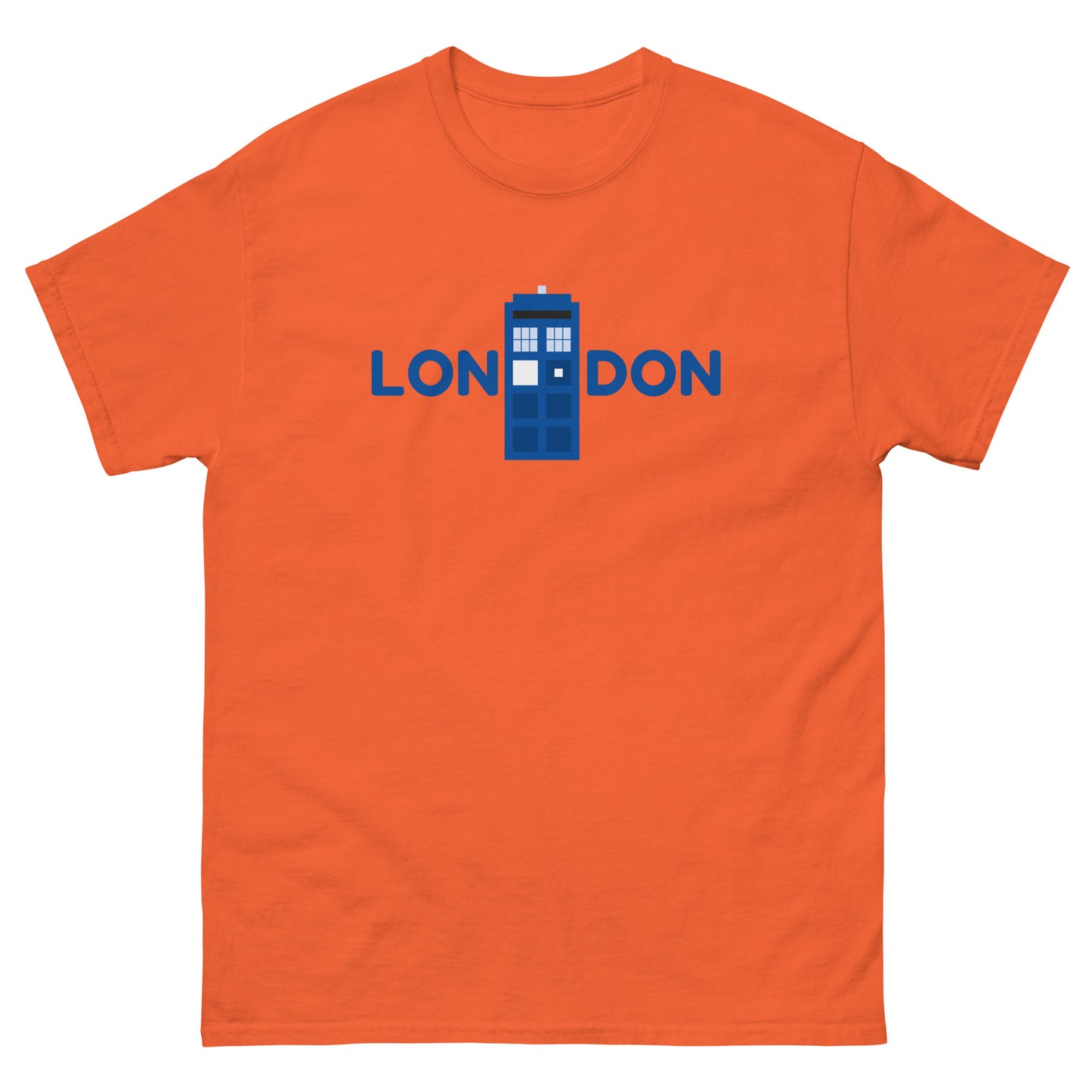 Retro London Blue Police Box T-Shirt – Vintage British Icon Tee for Sci-Fi Fans Orange t-shirt