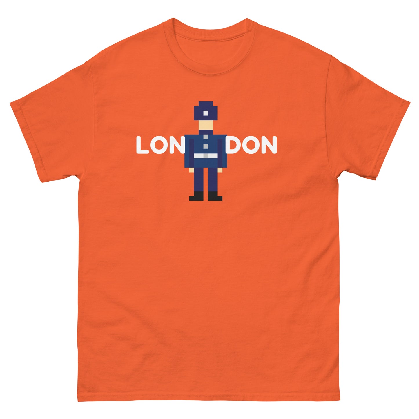 London in white text split in the middle with a retro pixelated police officer