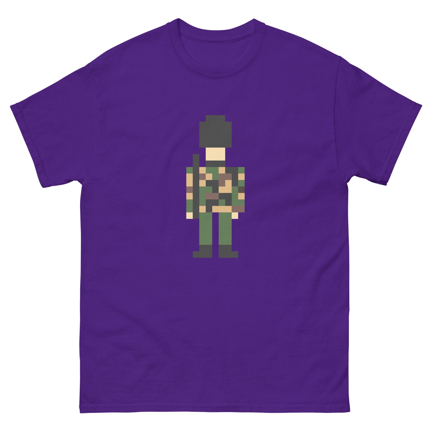 Pixel Art Military Soldier T-Shirt – Retro Camouflage Army Graphic Tee Purple t-shirt