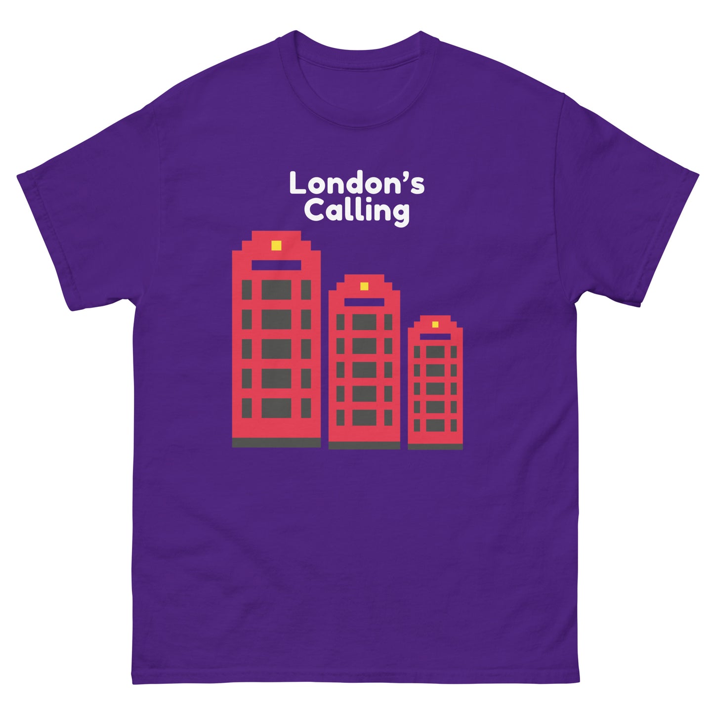 A stylish pixelated design t-shirt featuring London’s iconic red telephone boxes with the phrase “London’s Calling.” Perfect for UK tourists, British culture enthusiasts, and lovers of retro city aesthetics. A great London souvenir or gift for travelers.
