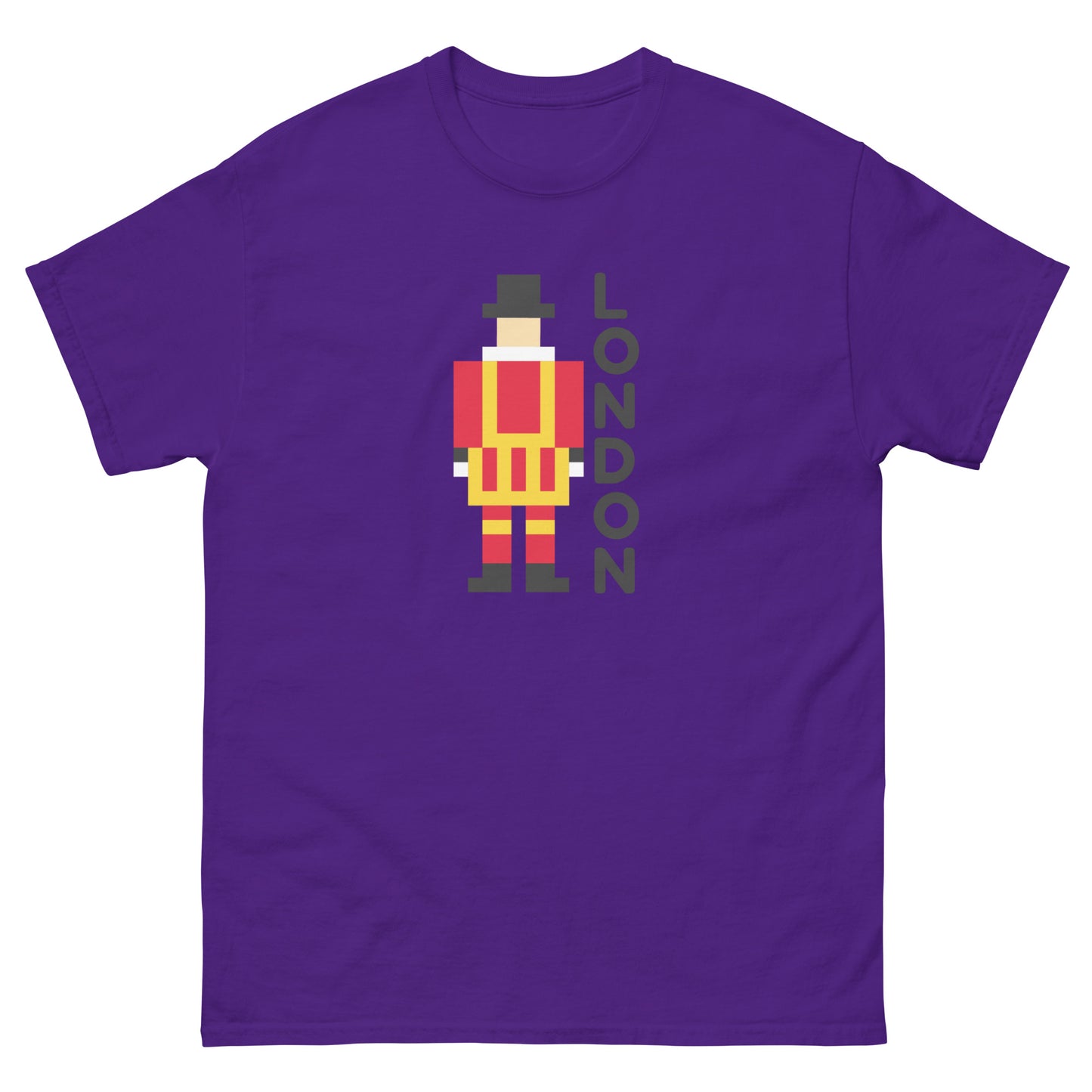 A unique pixel art t-shirt featuring the iconic London Beefeater, a symbol of the Tower of London’s Royal Guard. Perfect for UK tourists, British history enthusiasts, and London souvenir collectors. A great travel gift for fans of British heritage.