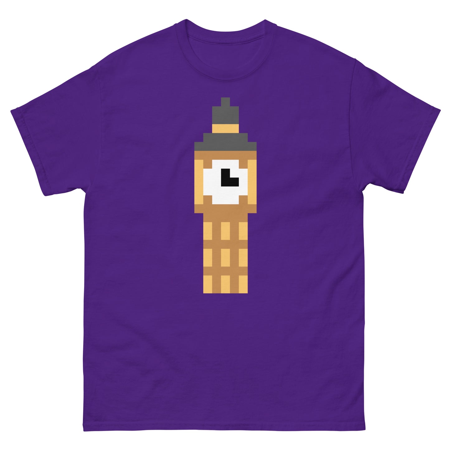 Pixel art design of Big Ben clock tower on a sport grey background, London-themed graphic ideal for tourists, UK fans, or travel lovers