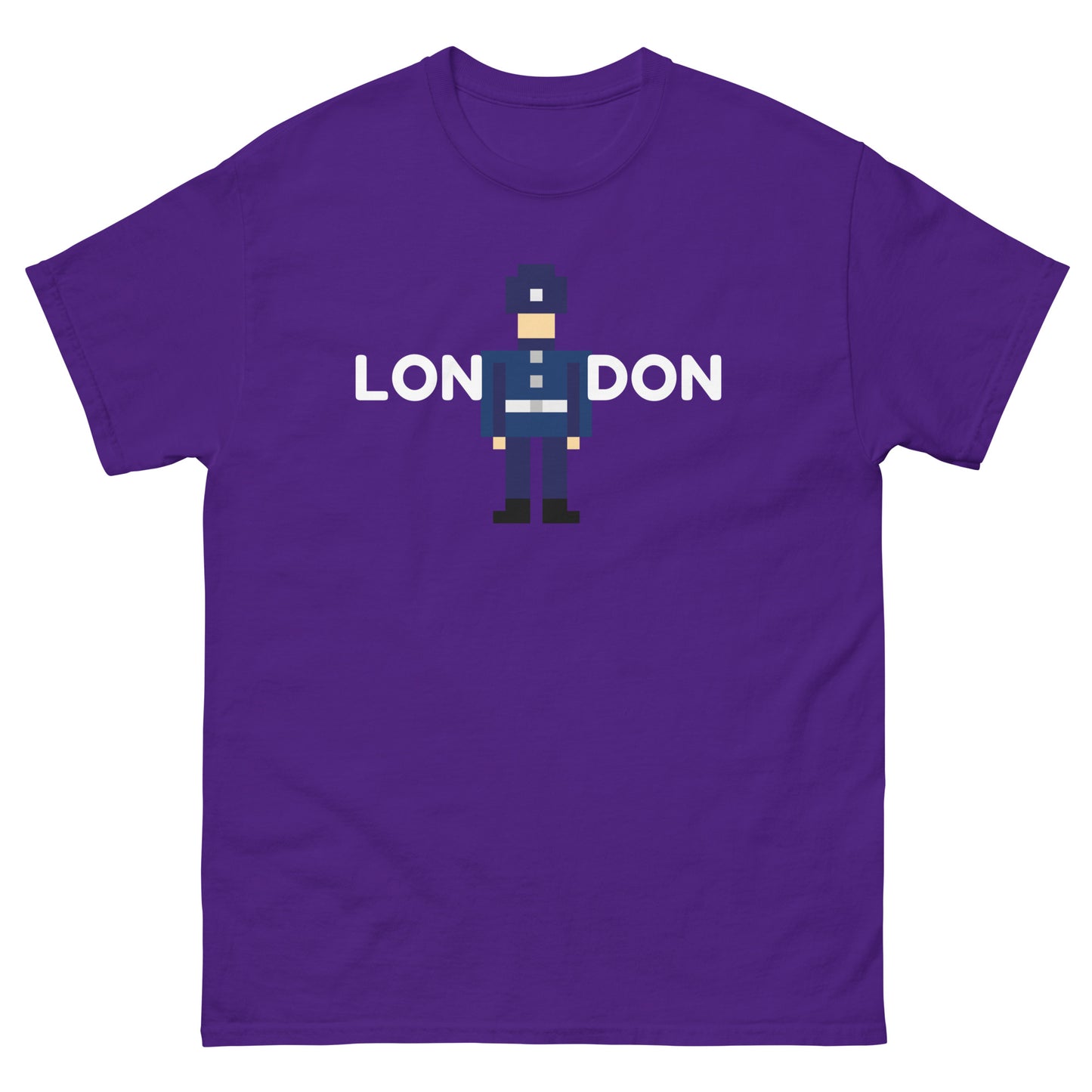 London in white text split in the middle with a retro pixelated police officer