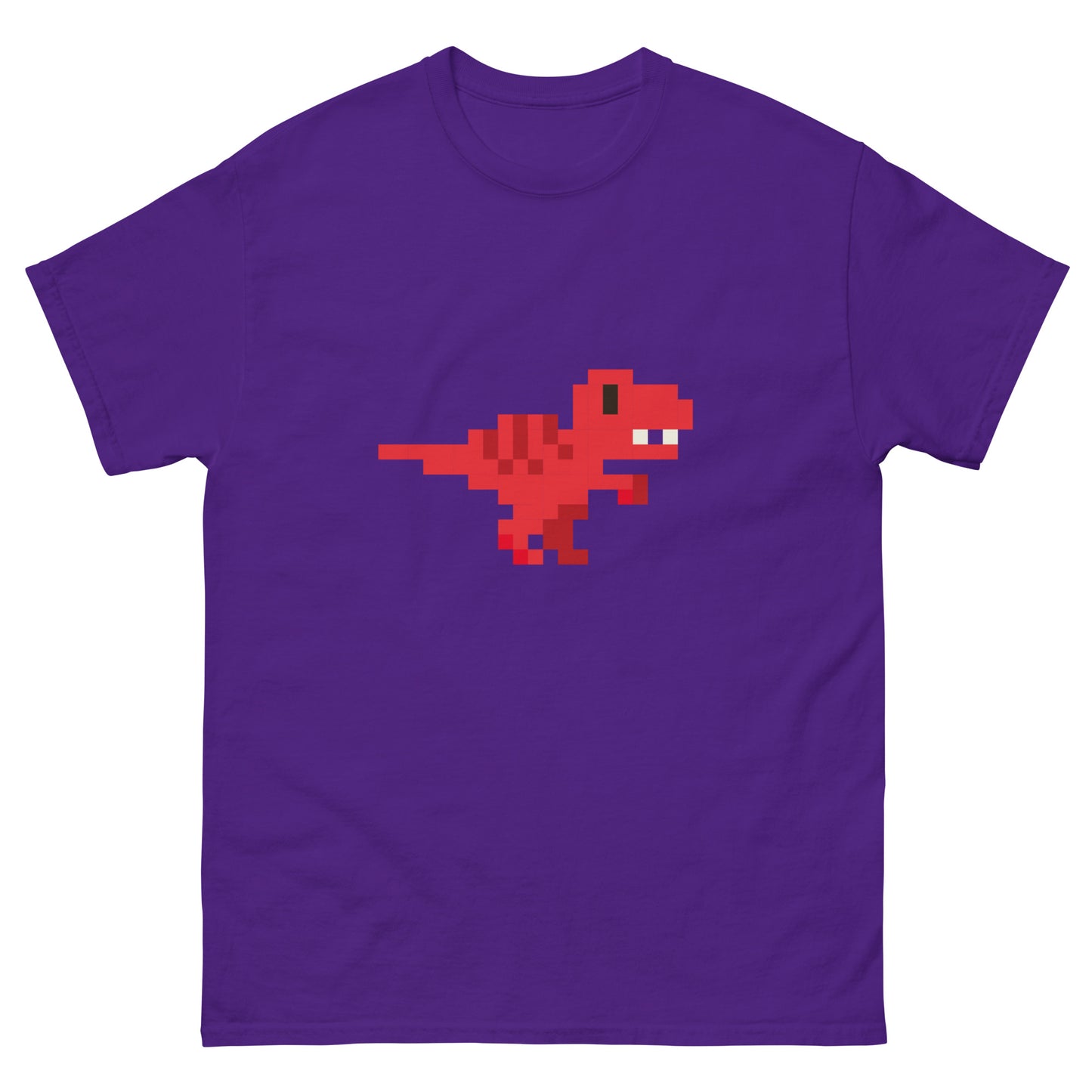 Red Pixel Dinosaur T-Shirt – Retro 8-Bit Prehistoric Gaming Graphic Tee Purple t-shirt