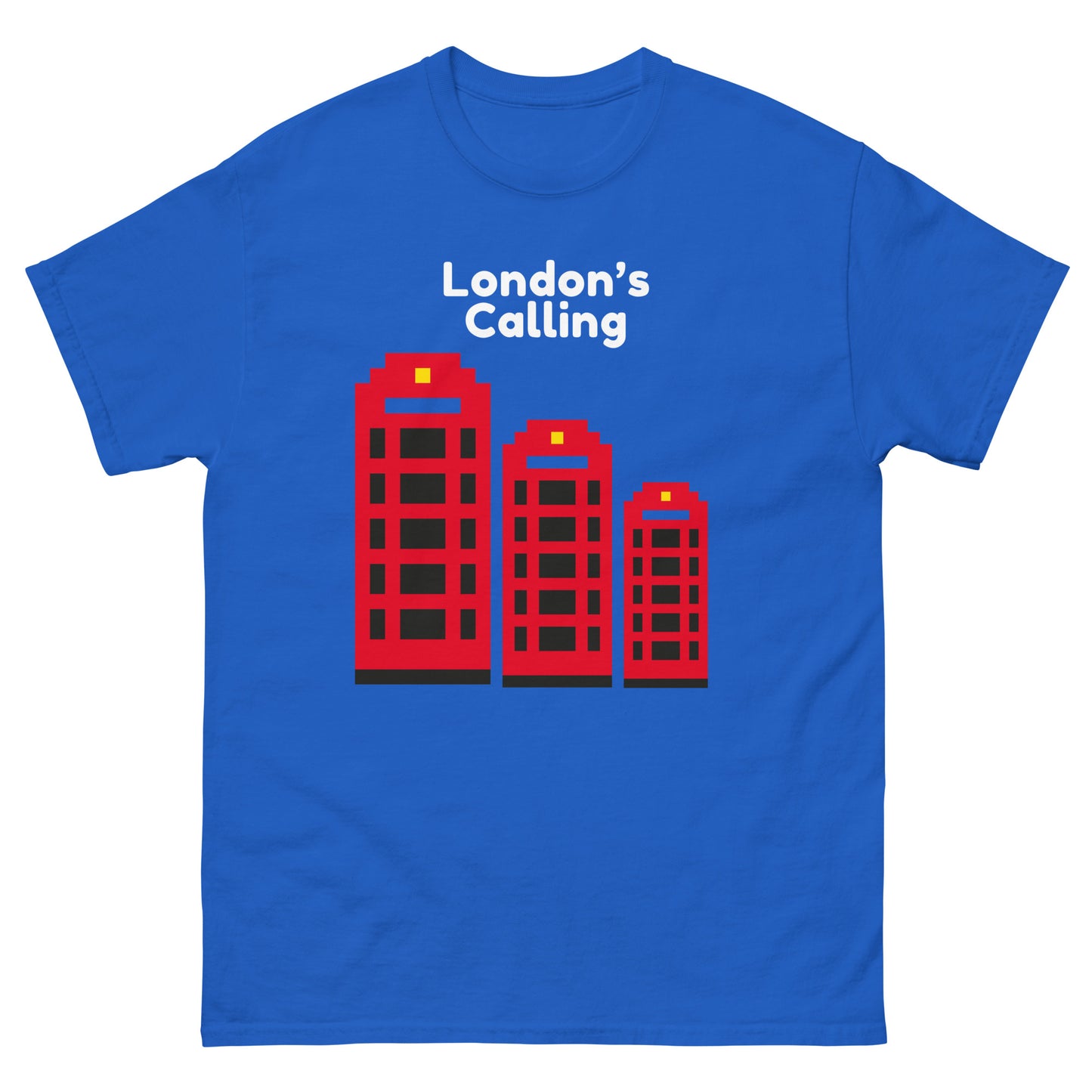 A stylish pixelated design t-shirt featuring London’s iconic red telephone boxes with the phrase “London’s Calling.” Perfect for UK tourists, British culture enthusiasts, and lovers of retro city aesthetics. A great London souvenir or gift for travelers.