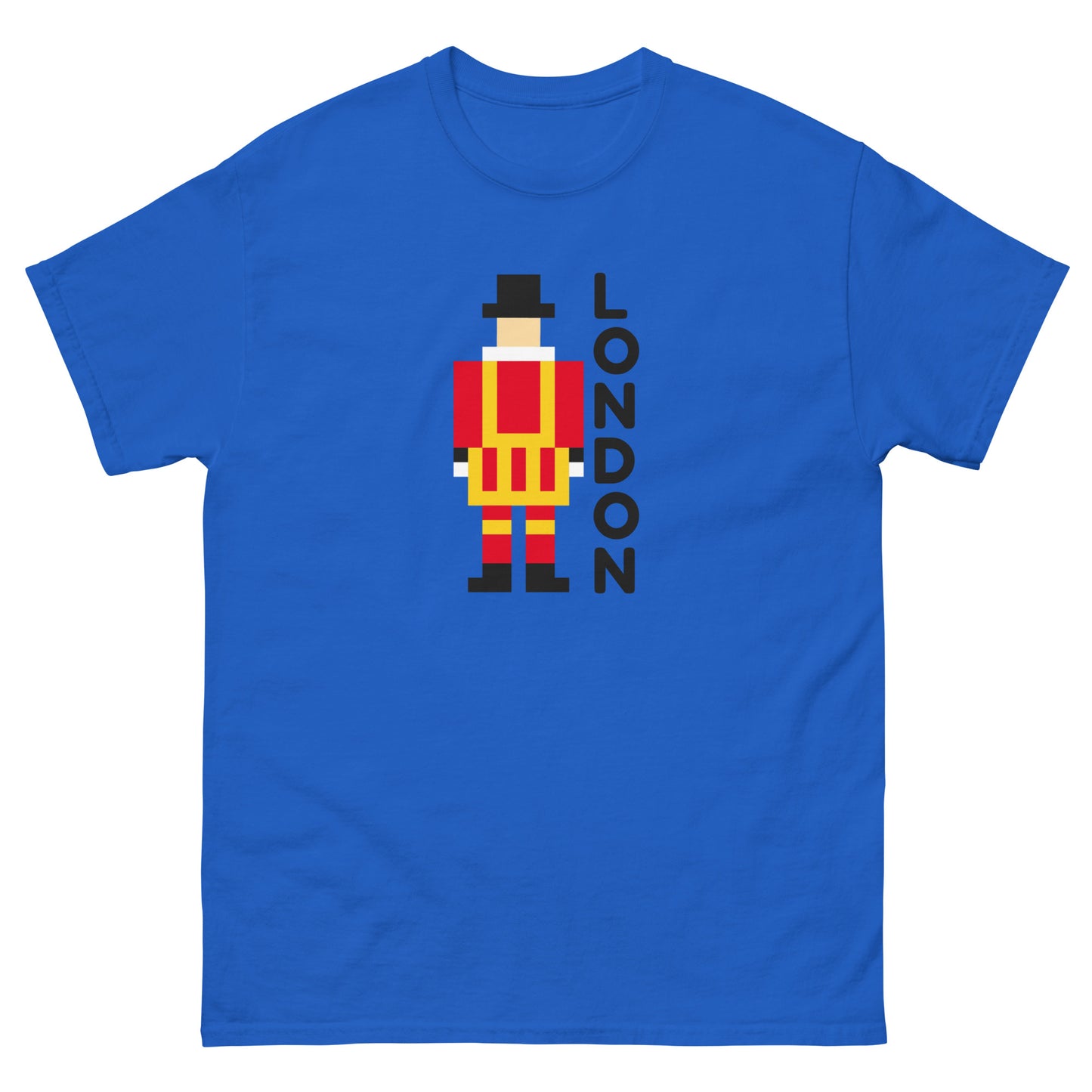 A unique pixel art t-shirt featuring the iconic London Beefeater, a symbol of the Tower of London’s Royal Guard. Perfect for UK tourists, British history enthusiasts, and London souvenir collectors. A great travel gift for fans of British heritage.