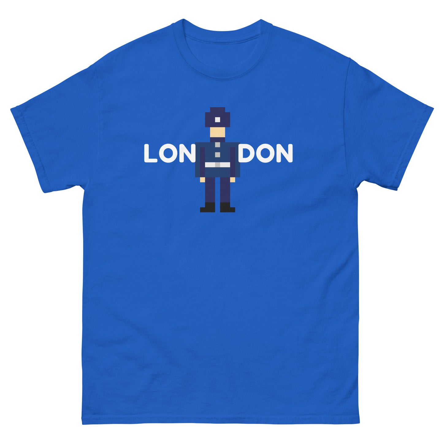 London in white text split in the middle with a retro pixelated police officer