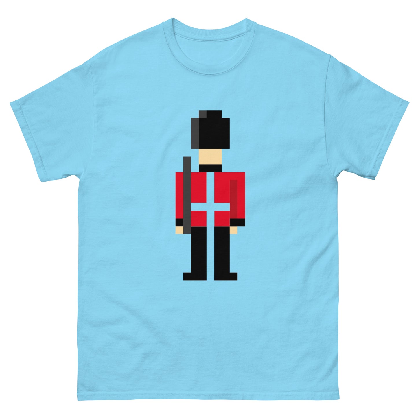 Pixelated British Royal guard in traditional Uniform of red, black and white cross