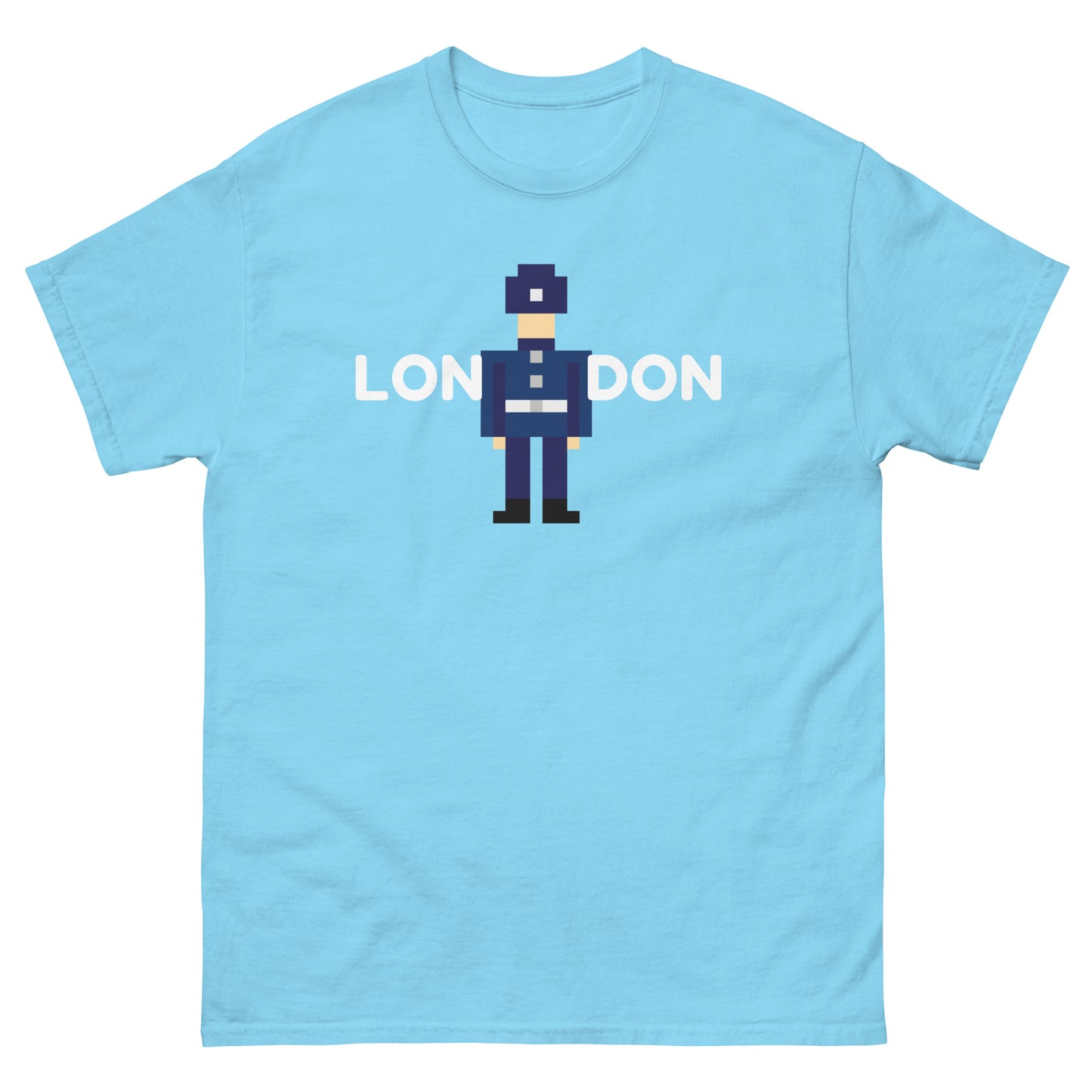 London in white text split in the middle with a retro pixelated police officer
