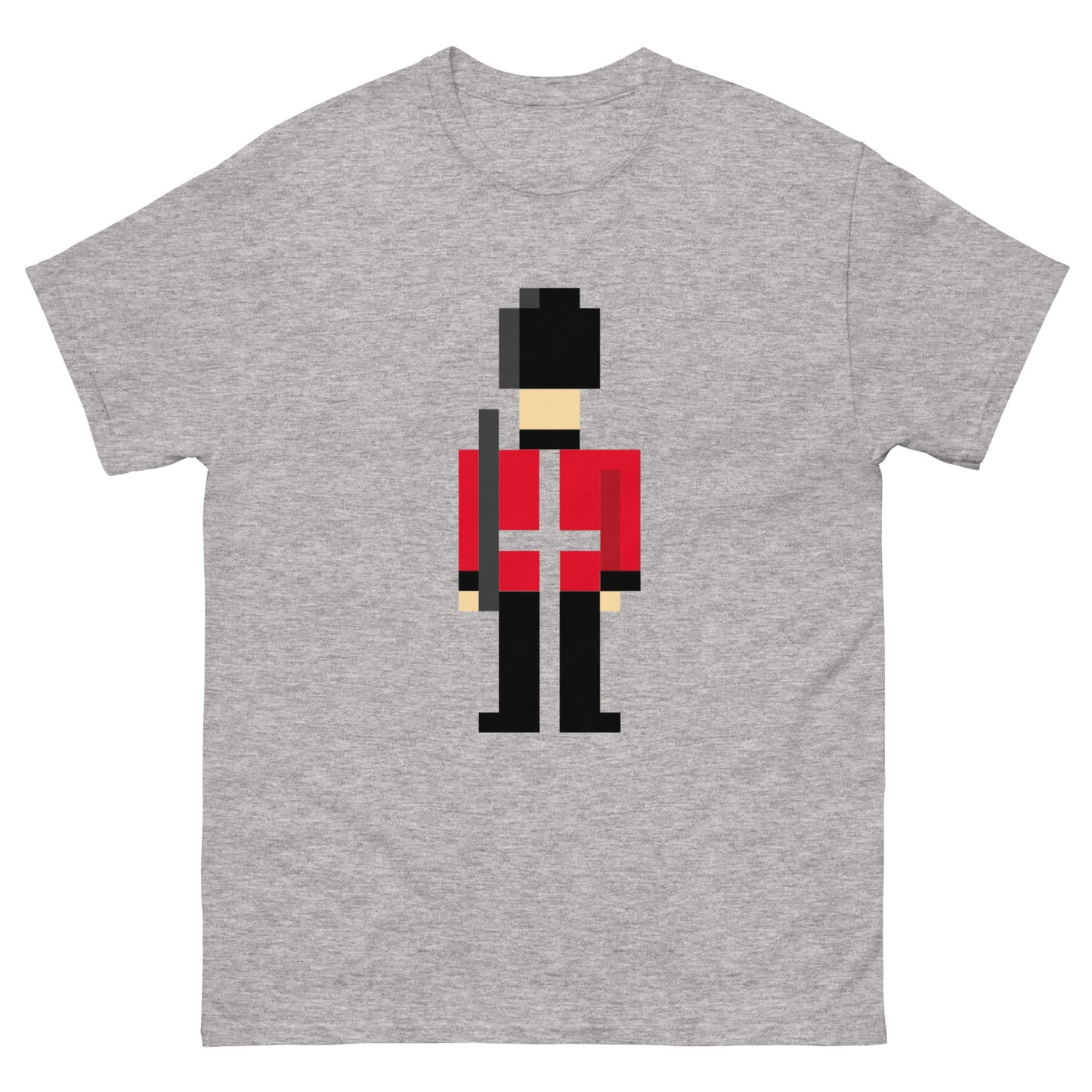 Pixelated British Royal guard in traditional Uniform of red, black and white cross