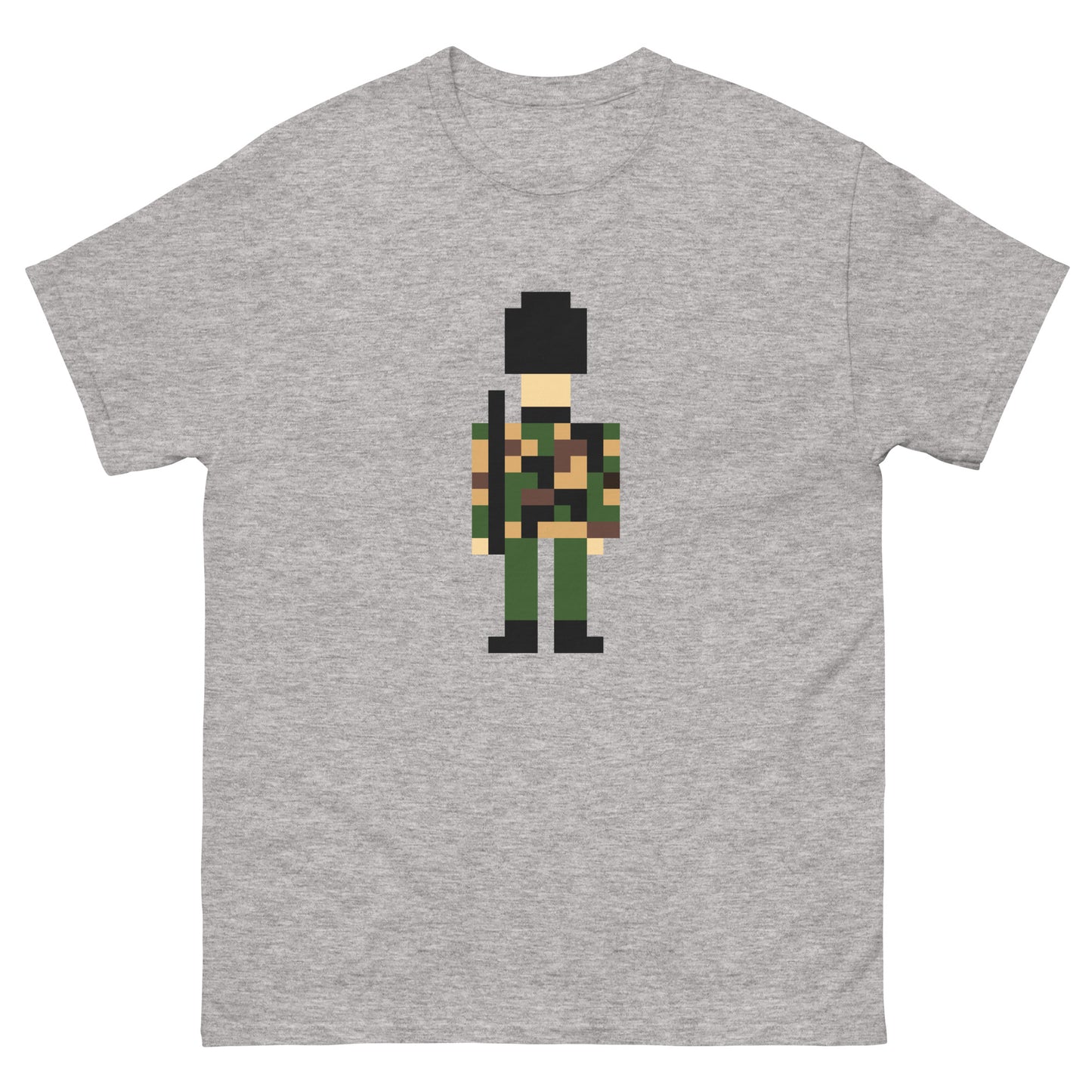 Pixel Art Military Soldier T-Shirt – Retro Camouflage Army Graphic Tee Sport Grey t-shirt