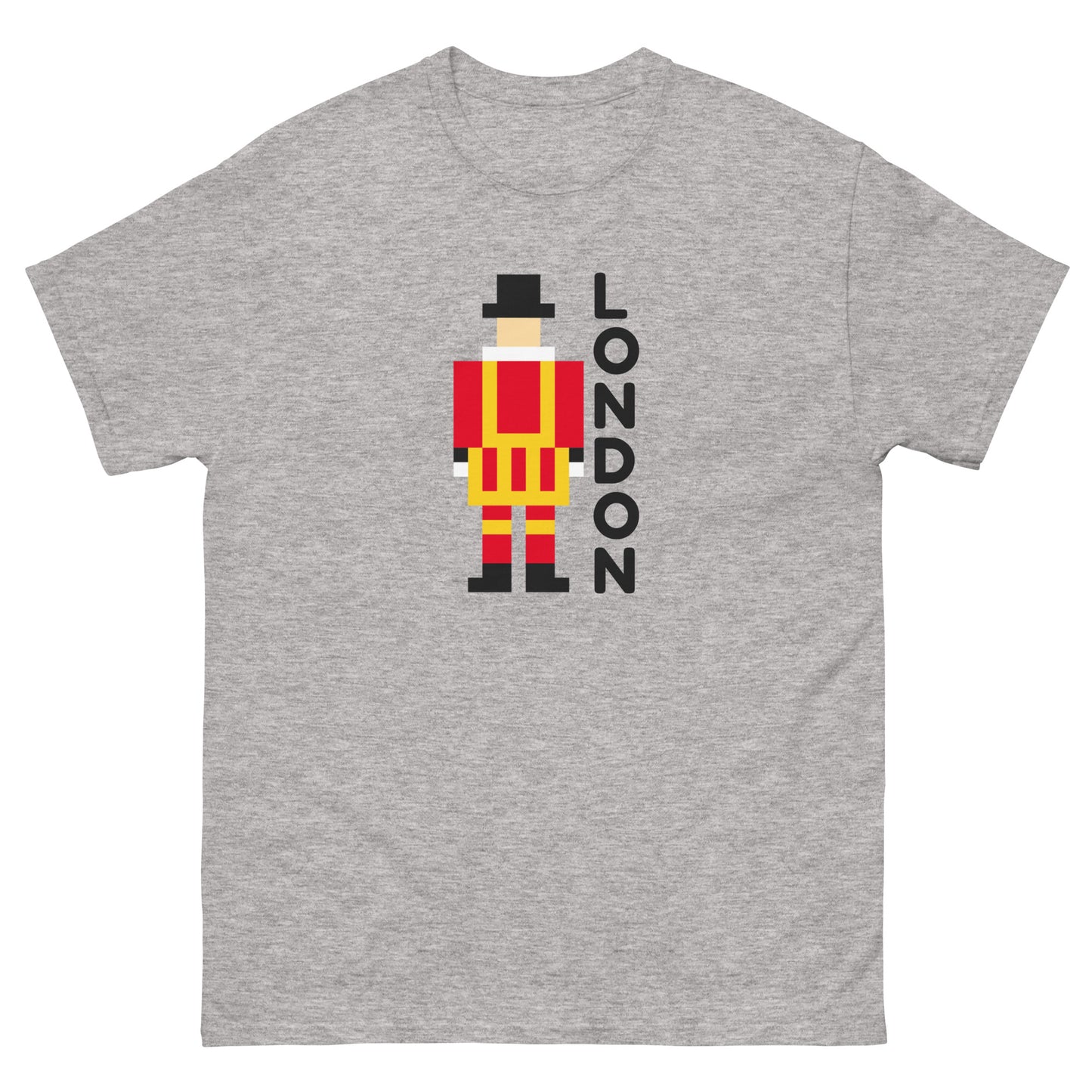 A unique pixel art t-shirt featuring the iconic London Beefeater, a symbol of the Tower of London’s Royal Guard. Perfect for UK tourists, British history enthusiasts, and London souvenir collectors. A great travel gift for fans of British heritage.