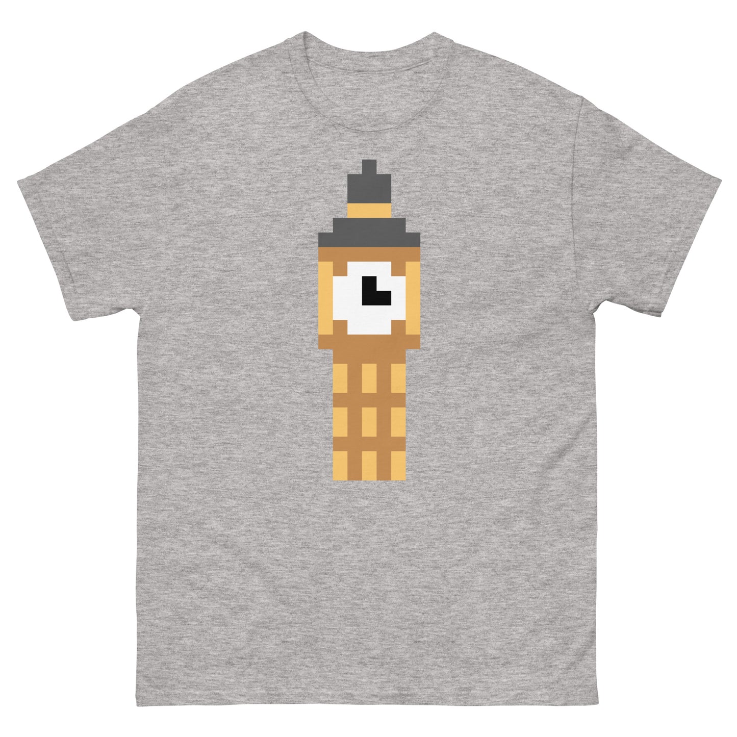 Pixel art design of Big Ben clock tower on a sport grey background, London-themed graphic ideal for tourists, UK fans, or travel lovers