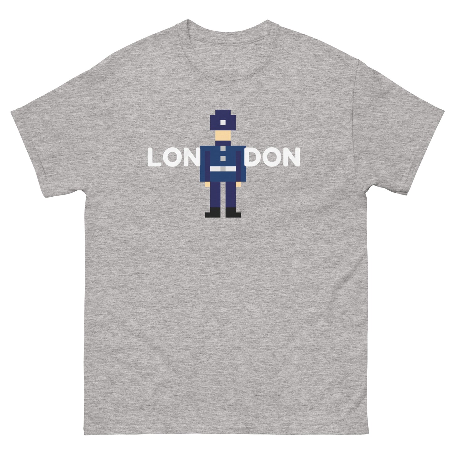 London in white text split in the middle with a retro pixelated police officer
