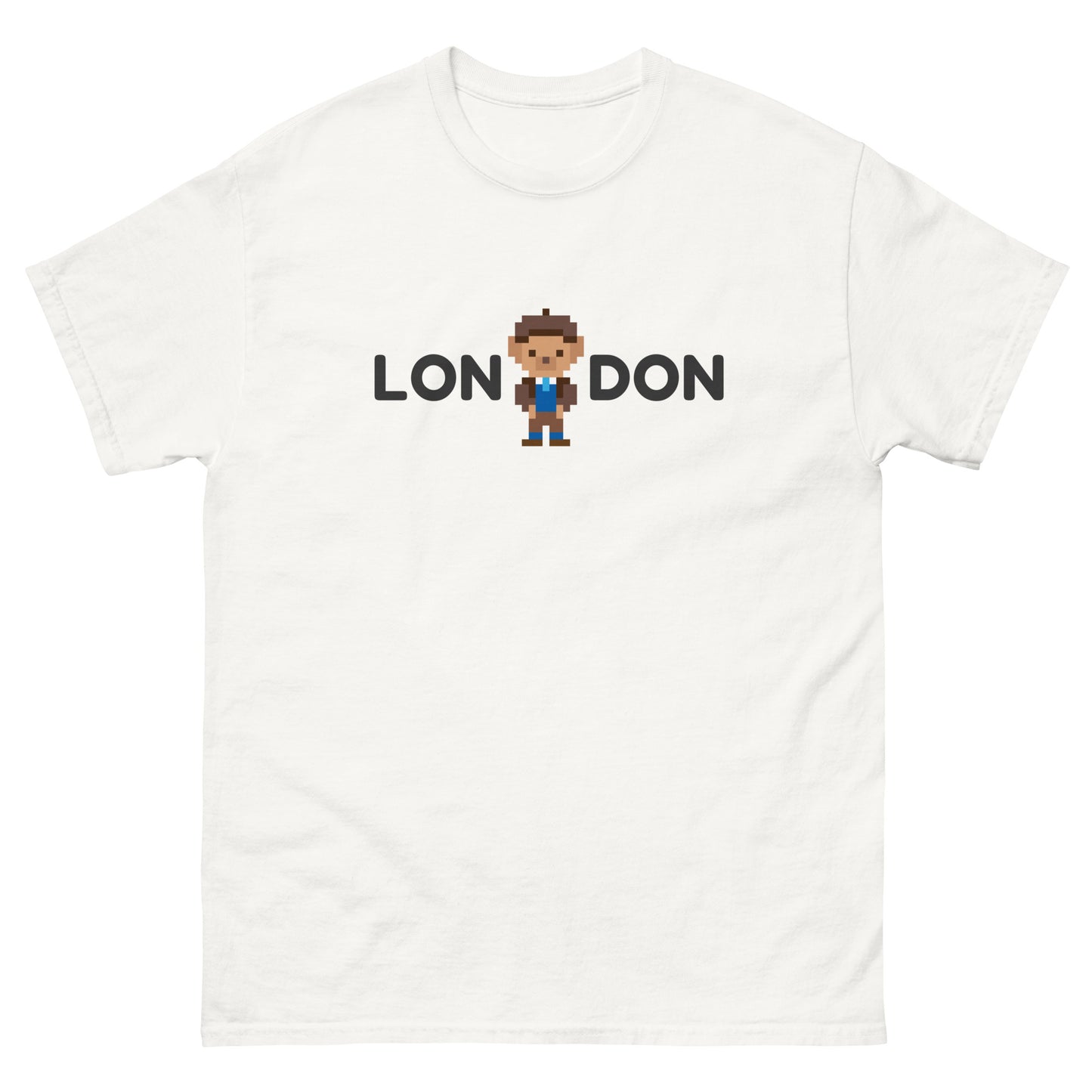 A stylish classic t-shirt featuring a smart teddy bear integrated within the word “London.” Perfect for UK tourists, London lovers, and British culture fans. A great souvenir or gift for travelers, teddy bear collectors, and city explorers.