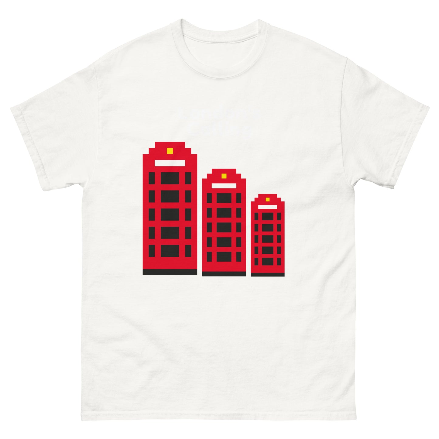A stylish pixelated design t-shirt featuring London’s iconic red telephone boxes with the phrase “London’s Calling.” Perfect for UK tourists, British culture enthusiasts, and lovers of retro city aesthetics. A great London souvenir or gift for travelers.