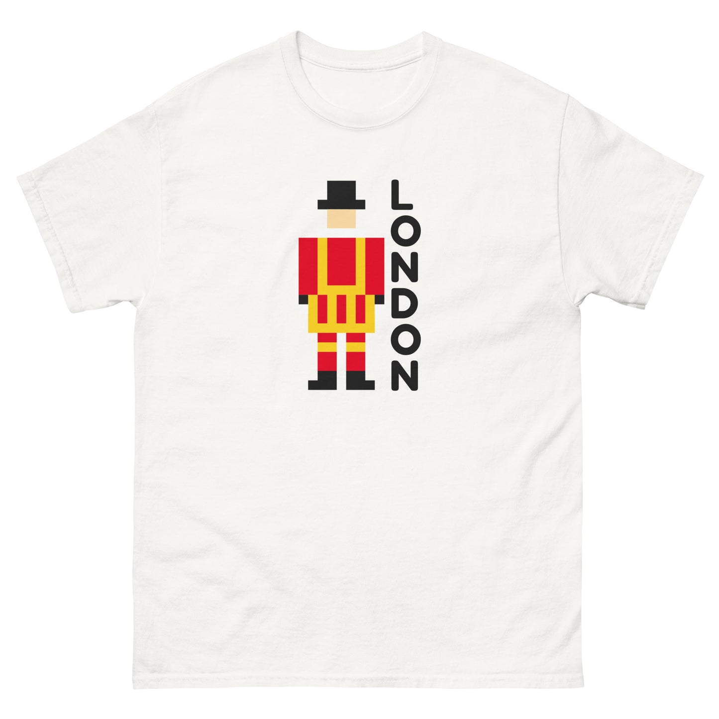 A unique pixel art t-shirt featuring the iconic London Beefeater, a symbol of the Tower of London’s Royal Guard. Perfect for UK tourists, British history enthusiasts, and London souvenir collectors. A great travel gift for fans of British heritage.