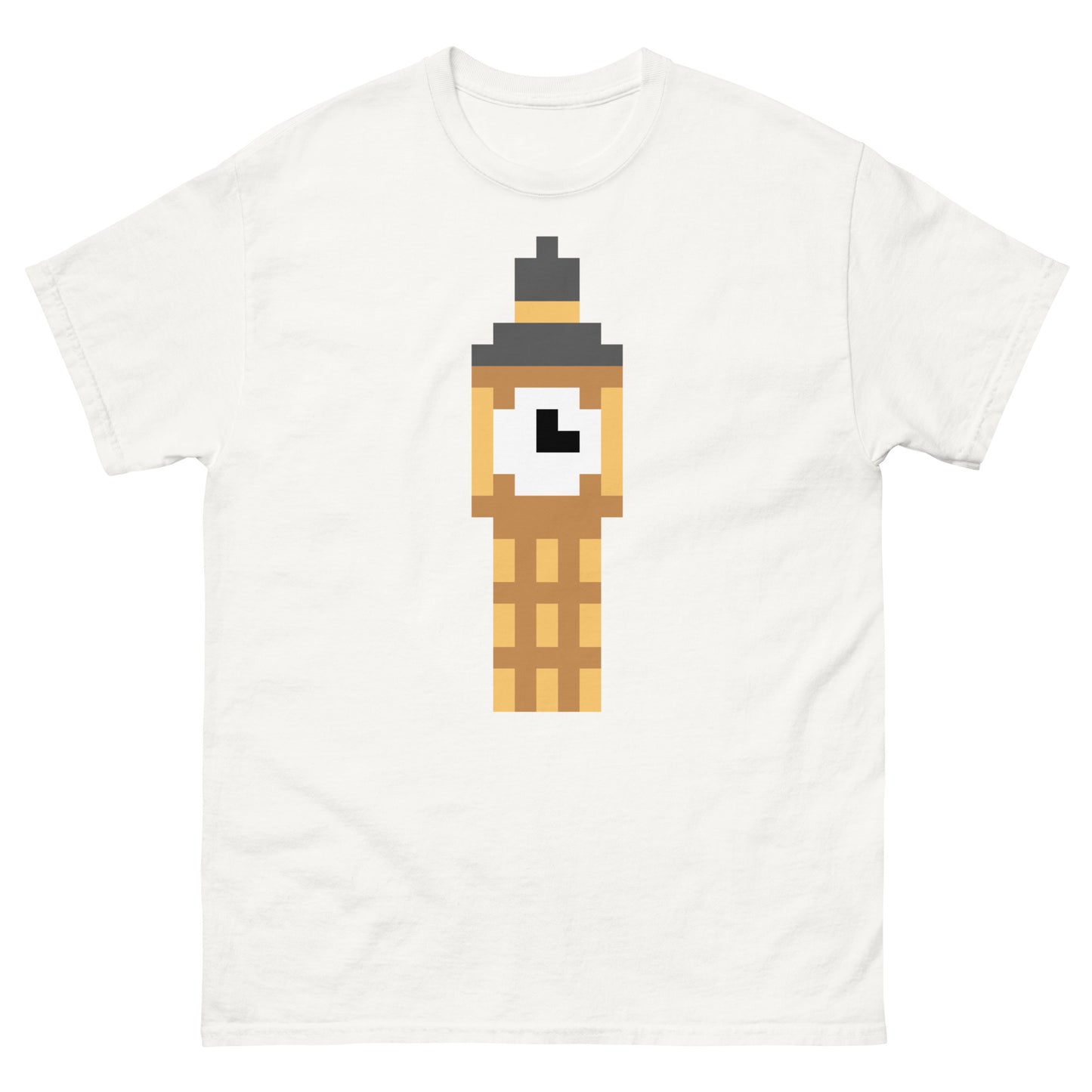 Pixel art design of Big Ben clock tower on a sport grey background, London-themed graphic ideal for tourists, UK fans, or travel lovers