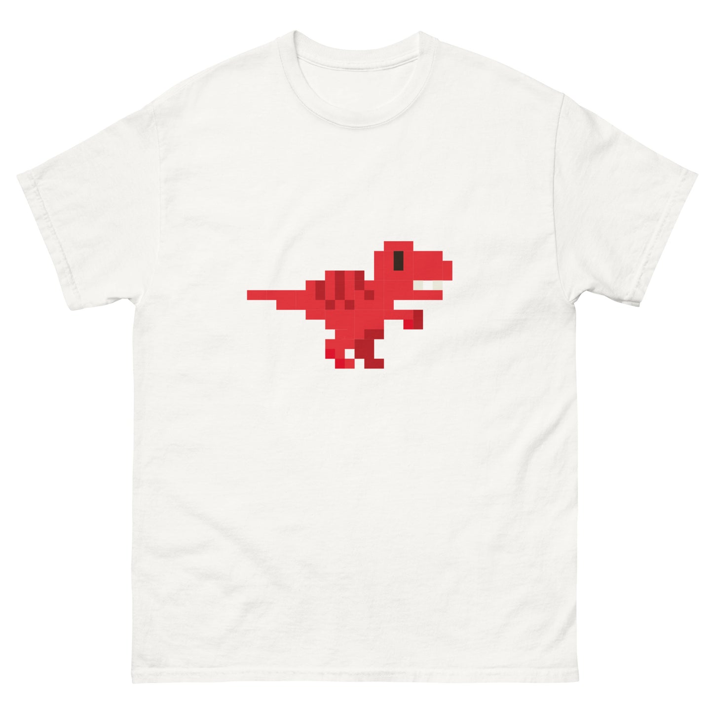 Red Pixel Dinosaur T-Shirt – Retro 8-Bit Prehistoric Gaming Graphic Tee White t-shirt
