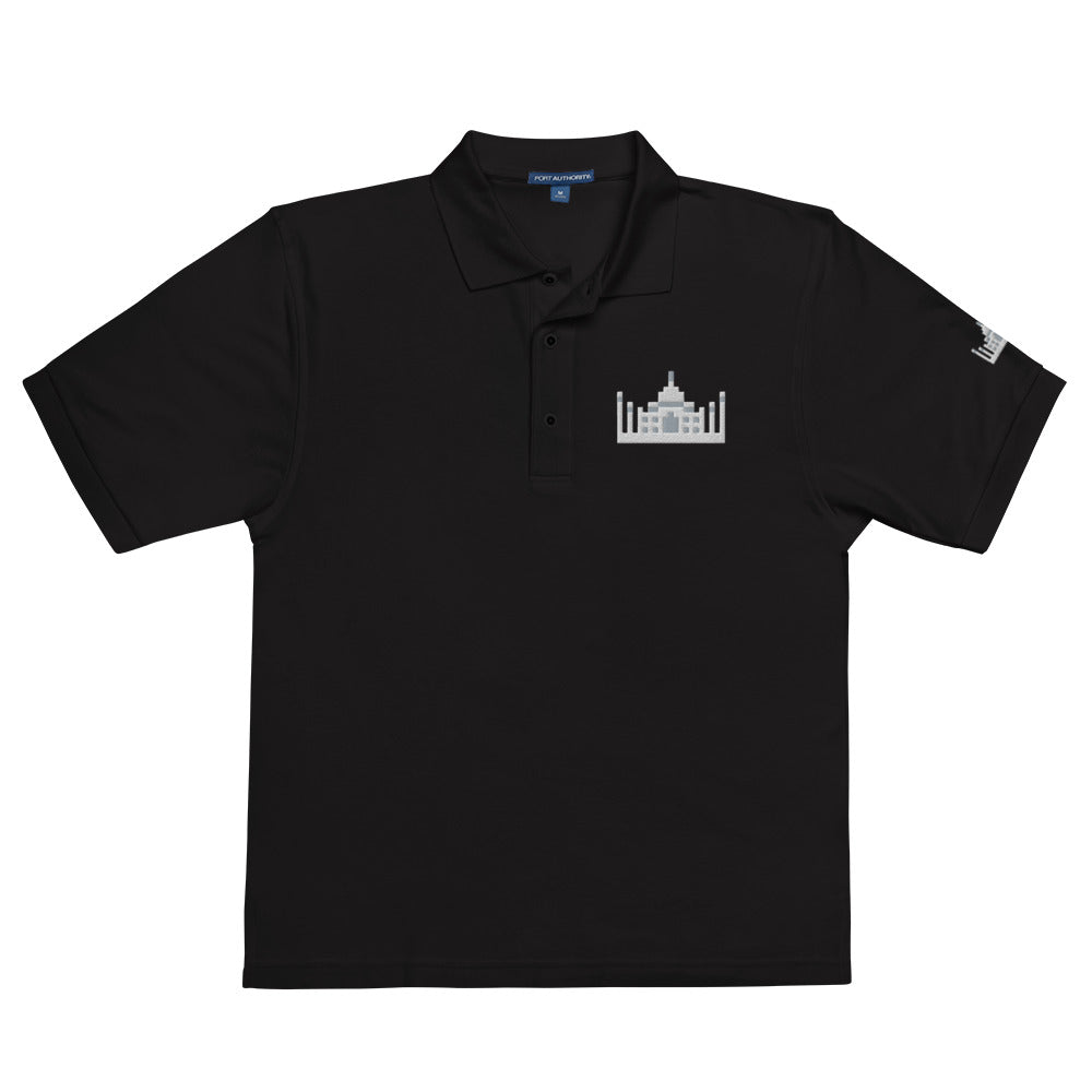 Black polo shirt featuring a pixel art Taj Mahal embroidered design – retro Agra landmark souvenir tee