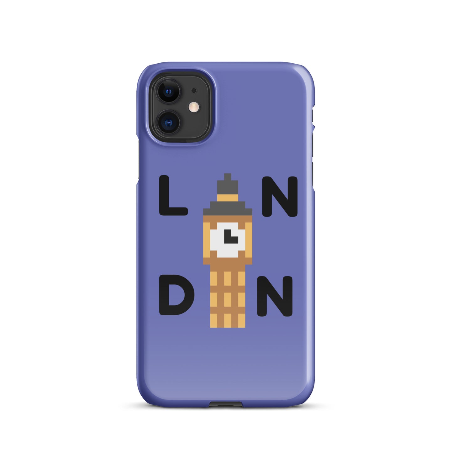 Cell phone case in purple with black text letters LNDN for London and Big Ben in the middle