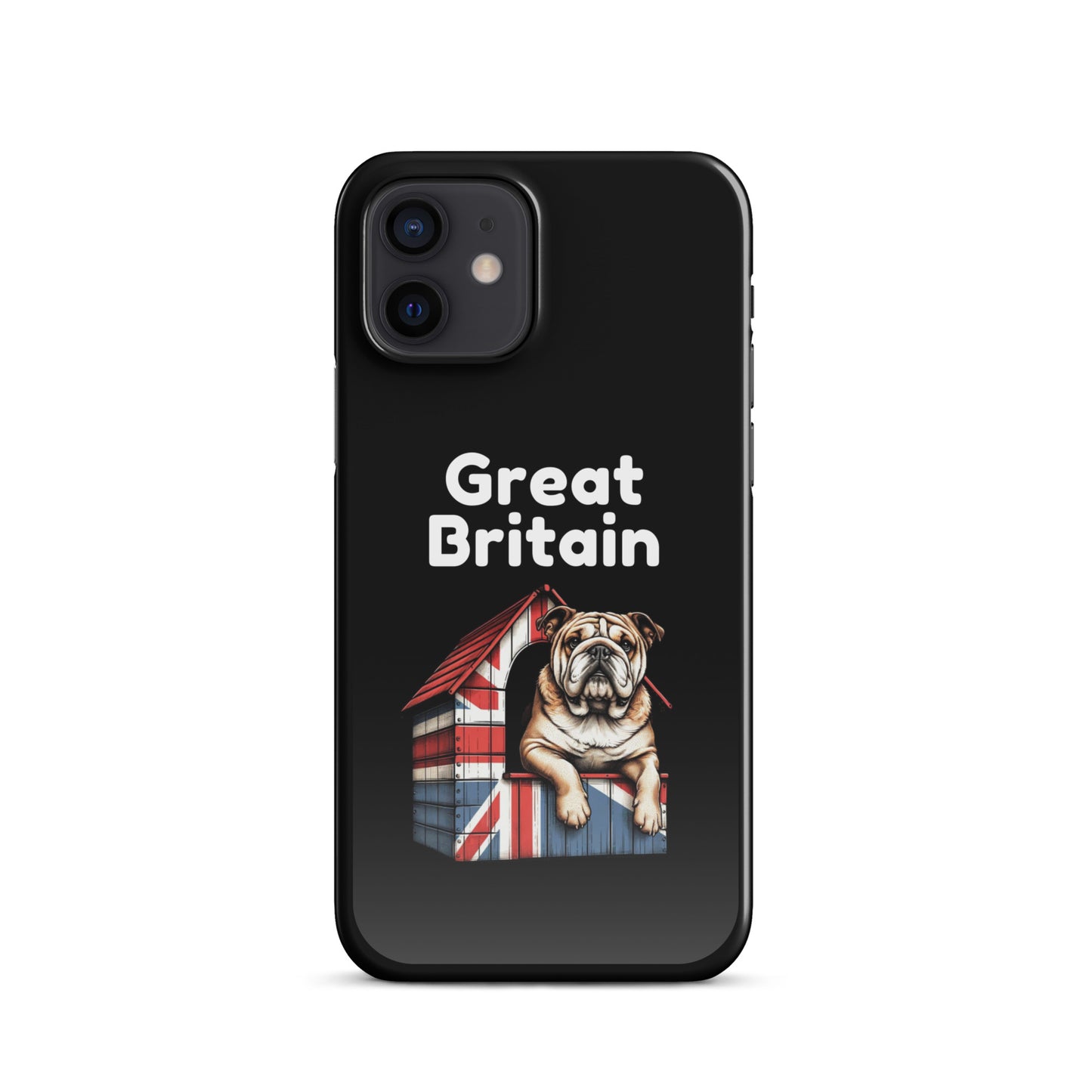 A British Bulldog sitting proudly on top of a dog house covered with a Union Jack pattern and the words Great Britain in White Text.