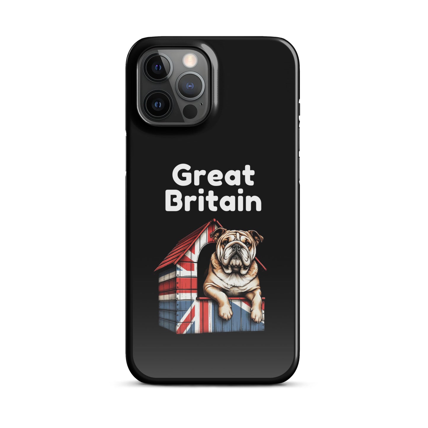 A British Bulldog sitting proudly on top of a dog house covered with a Union Jack pattern and the words Great Britain in White Text.