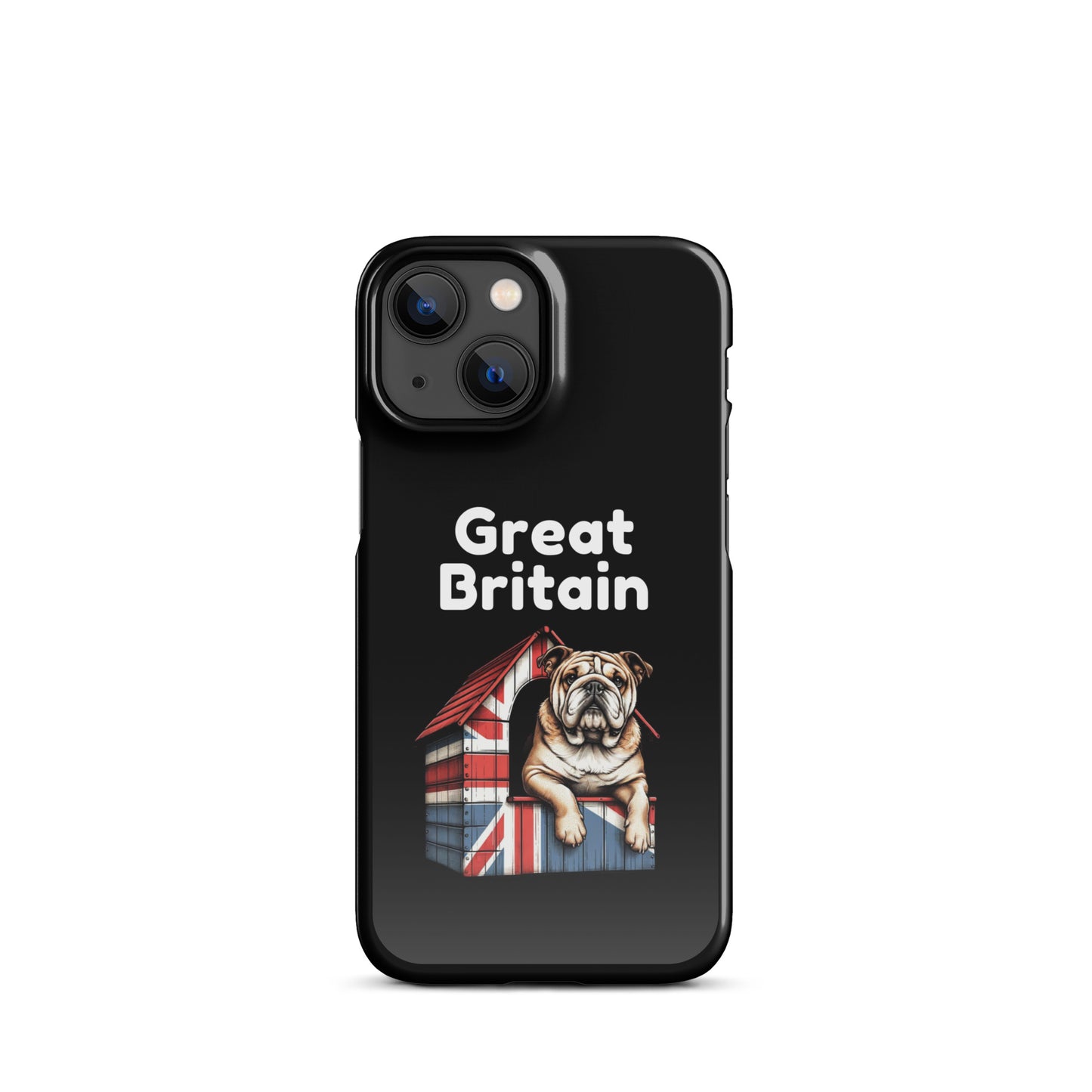 A British Bulldog sitting proudly on top of a dog house covered with a Union Jack pattern and the words Great Britain in White Text.