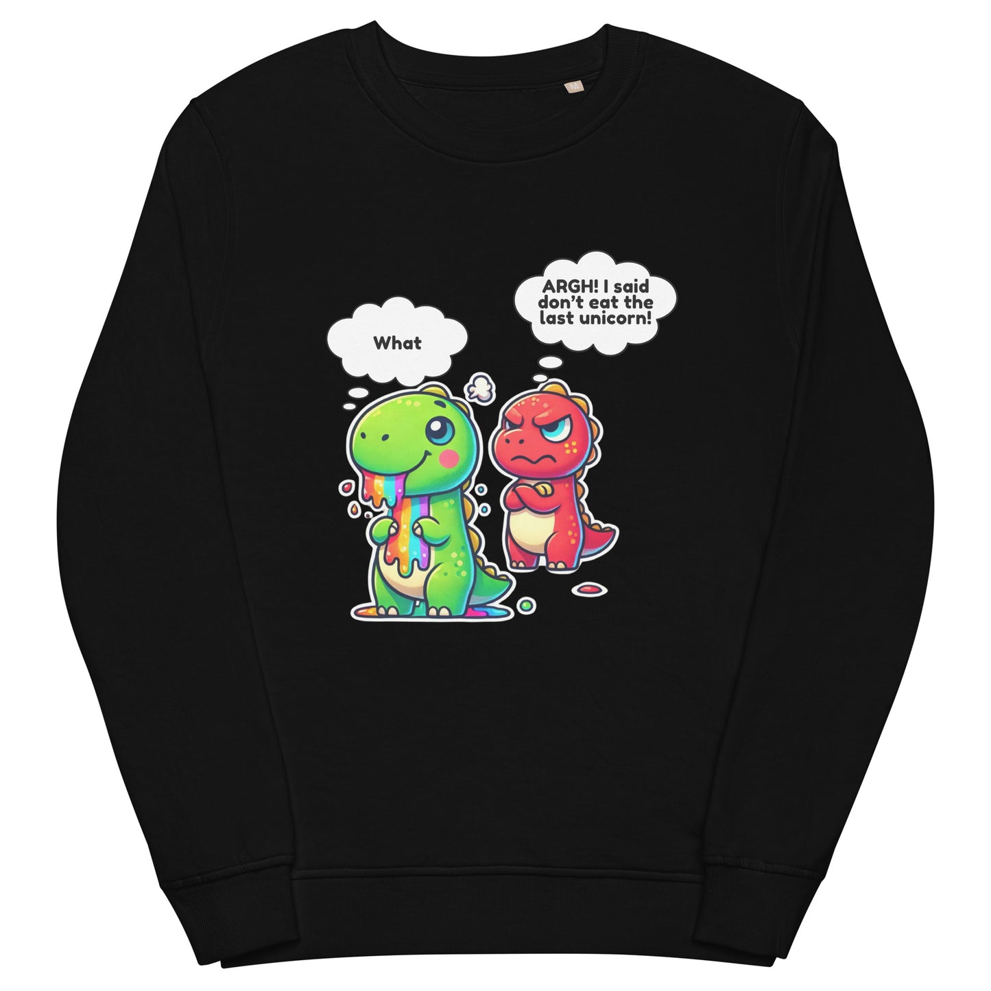 Cute dinosaur and unicorn sweatshirt – funny cartoon graphic on an organic unisex pullover.