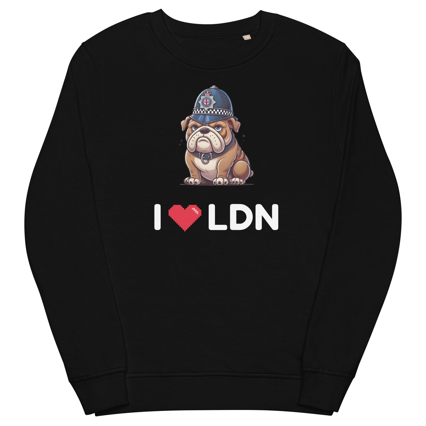 Black 'I Love LDN' British Bulldog sweatshirt featuring cartoon bulldog illustration and I heart LDN text