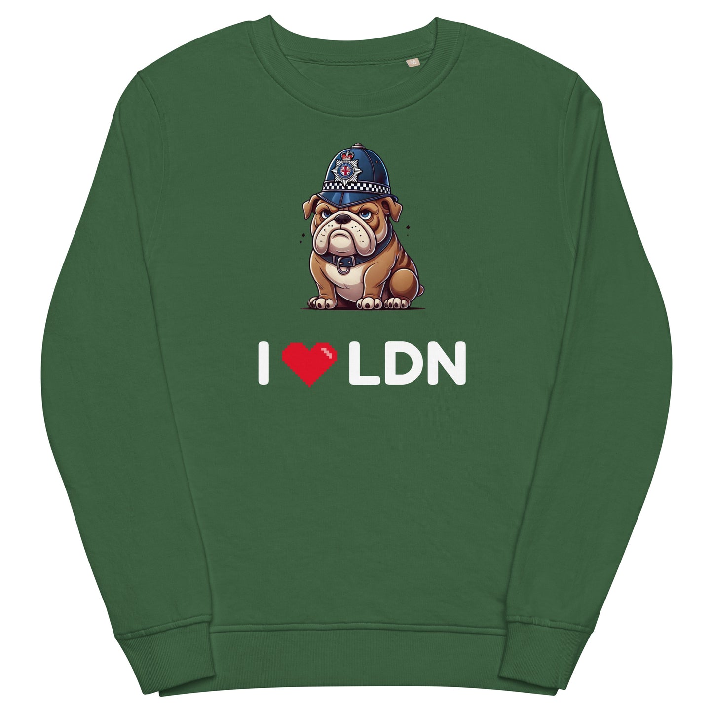 Bottle green 'I Love LDN' British Bulldog sweatshirt featuring cartoon bulldog illustration and I heart LDN text