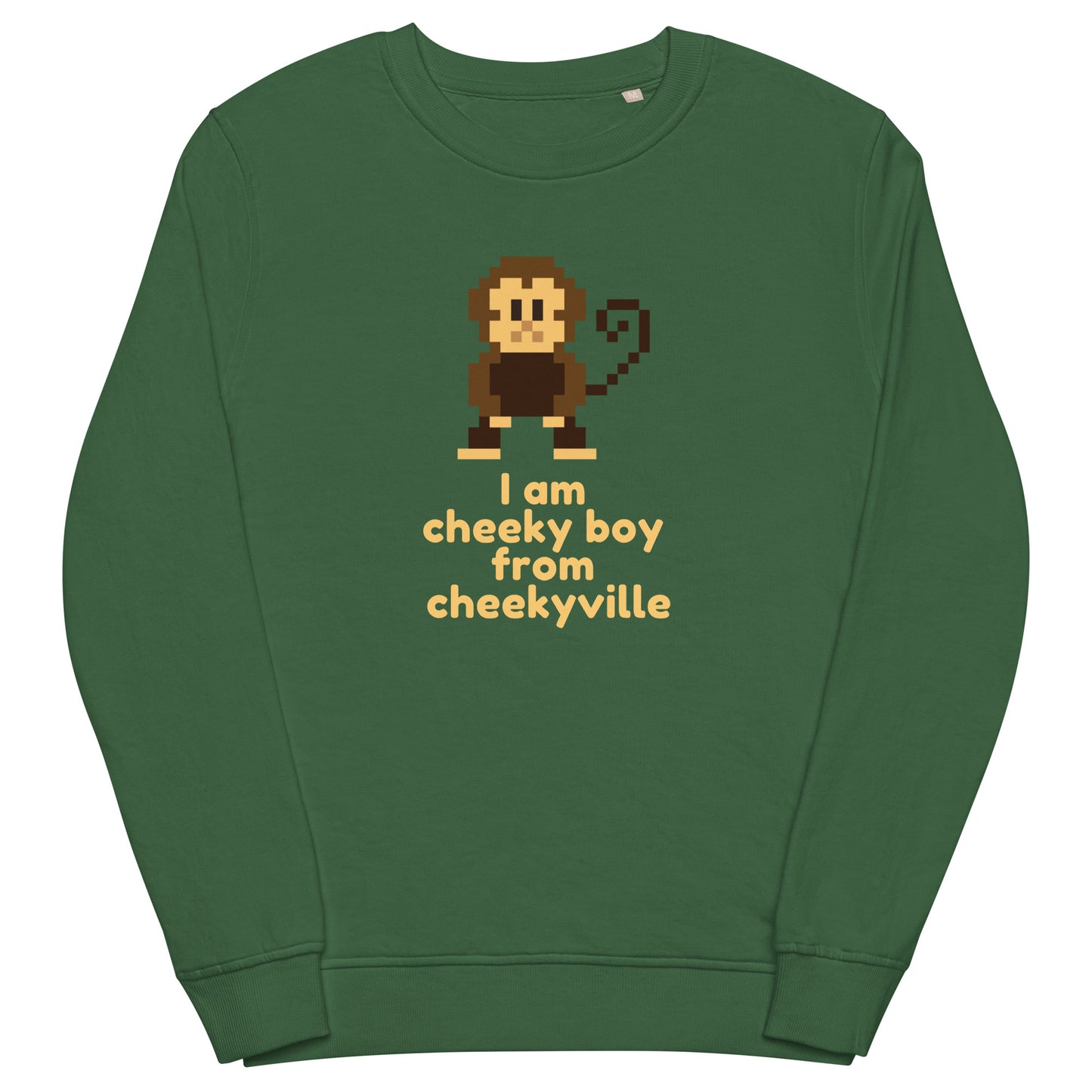 Bottle green unisex sweatshirt with retro pixel art cheeky boy graphic and 'I am cheeky boy from cheekyville' text
