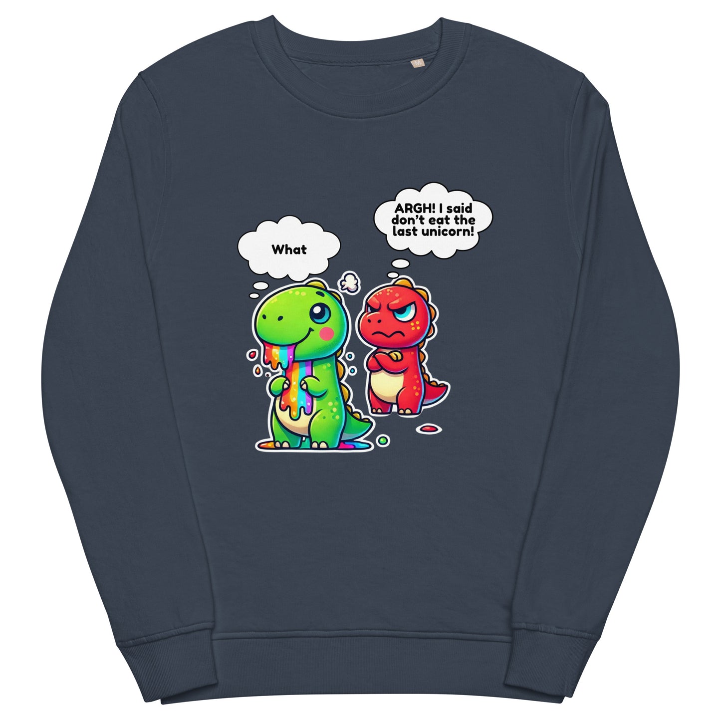Cute dinosaur and unicorn sweatshirt – funny cartoon graphic on an organic unisex pullover.