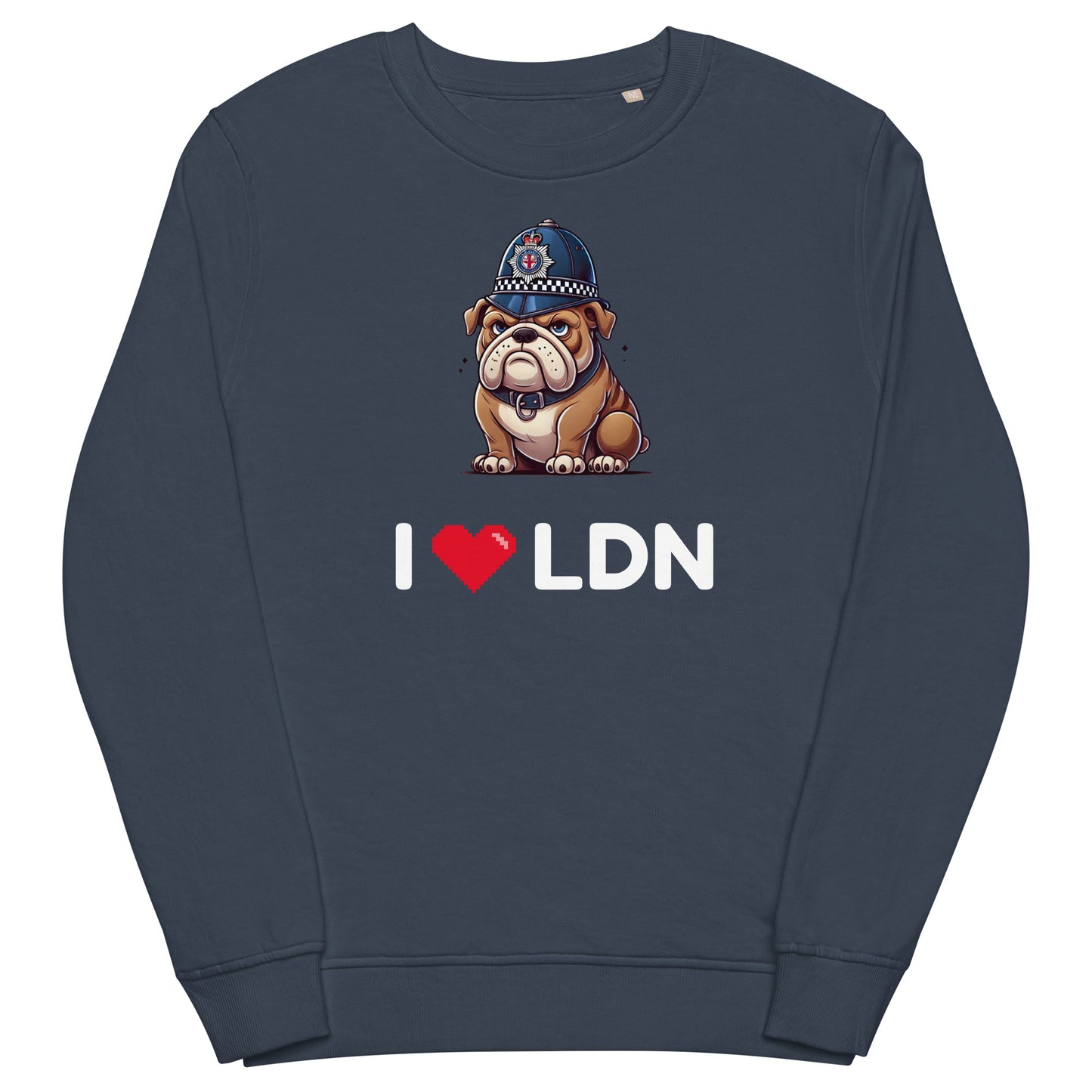 French navy 'I Love LDN' British Bulldog sweatshirt featuring cartoon bulldog illustration and I heart LDN text