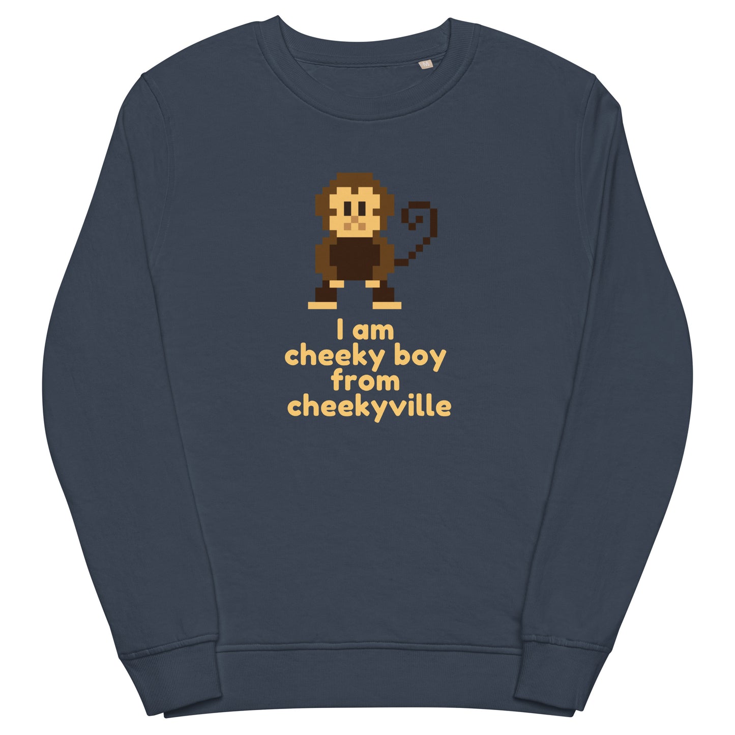 French navy unisex sweatshirt with retro pixel art cheeky boy graphic and 'I am cheeky boy from cheekyville' text
