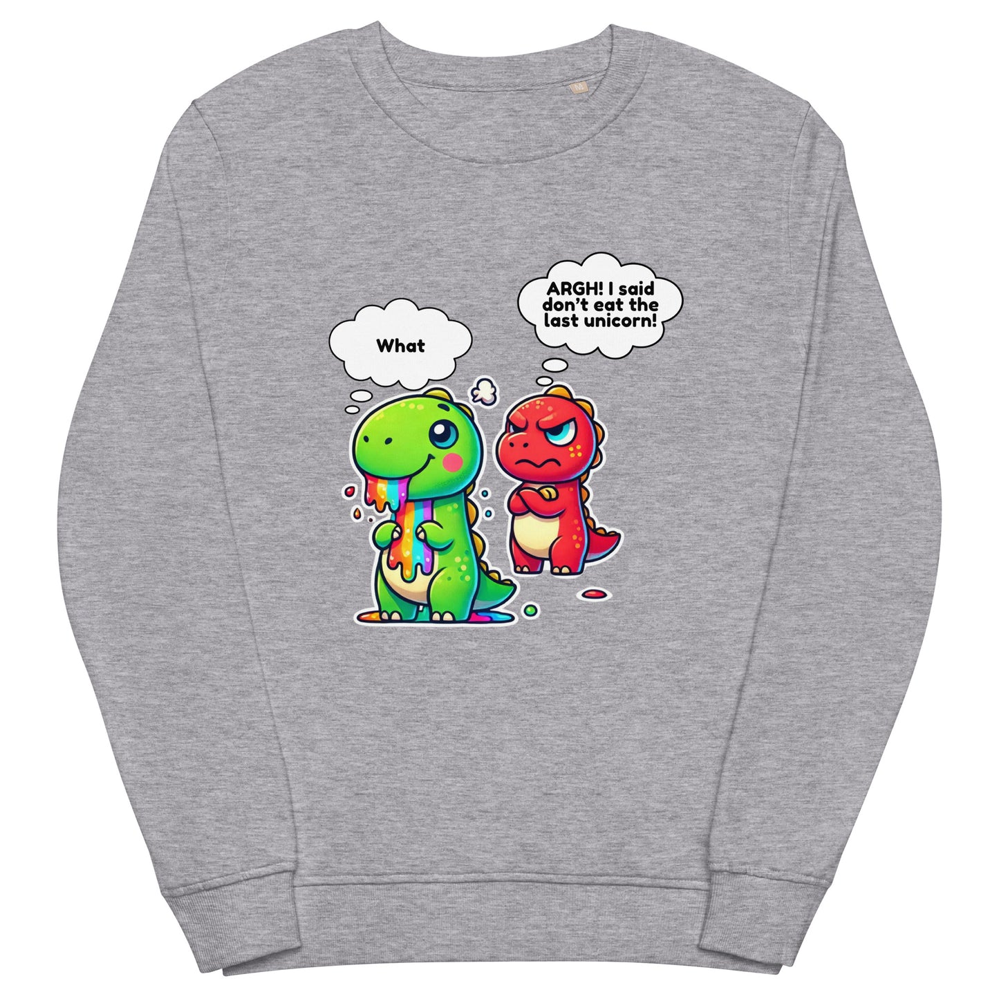 Cute dinosaur and unicorn sweatshirt – funny cartoon graphic on an organic unisex pullover.