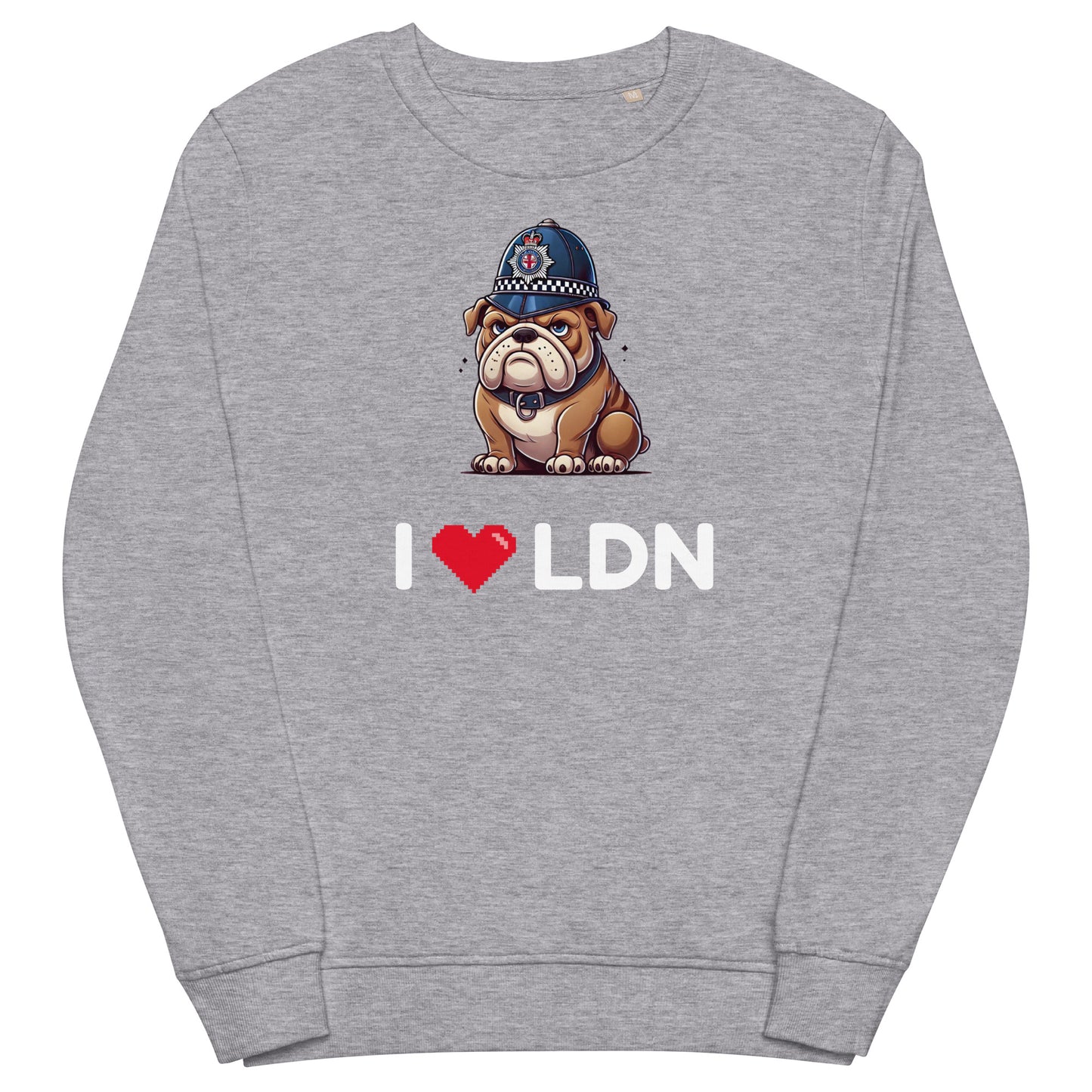 Grey melange 'I Love LDN' British Bulldog sweatshirt featuring cartoon bulldog illustration and I heart LDN text