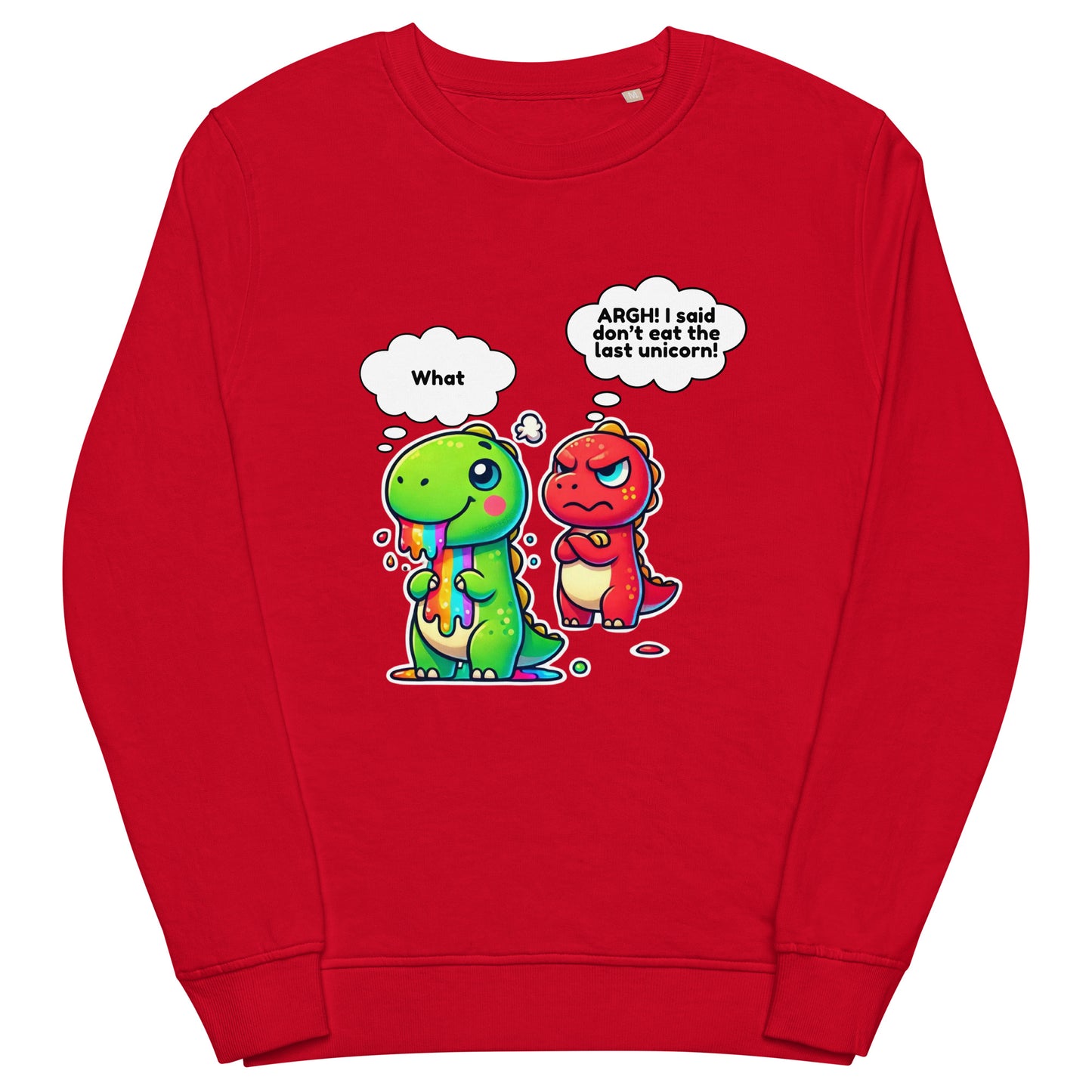 Cute dinosaur and unicorn sweatshirt – funny cartoon graphic on an organic unisex pullover.