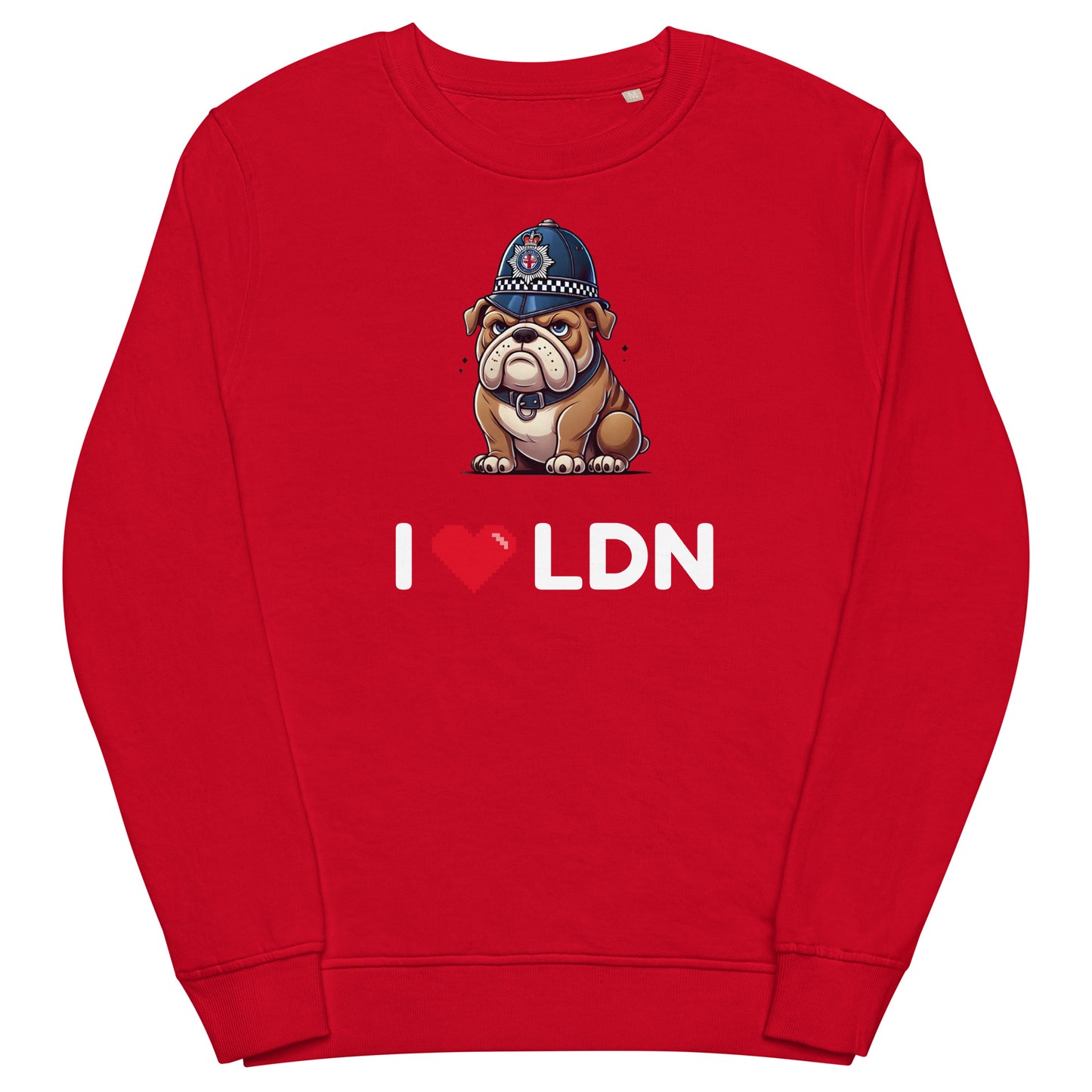 Red 'I Love LDN' British Bulldog sweatshirt featuring cartoon bulldog illustration and I heart LDN text
